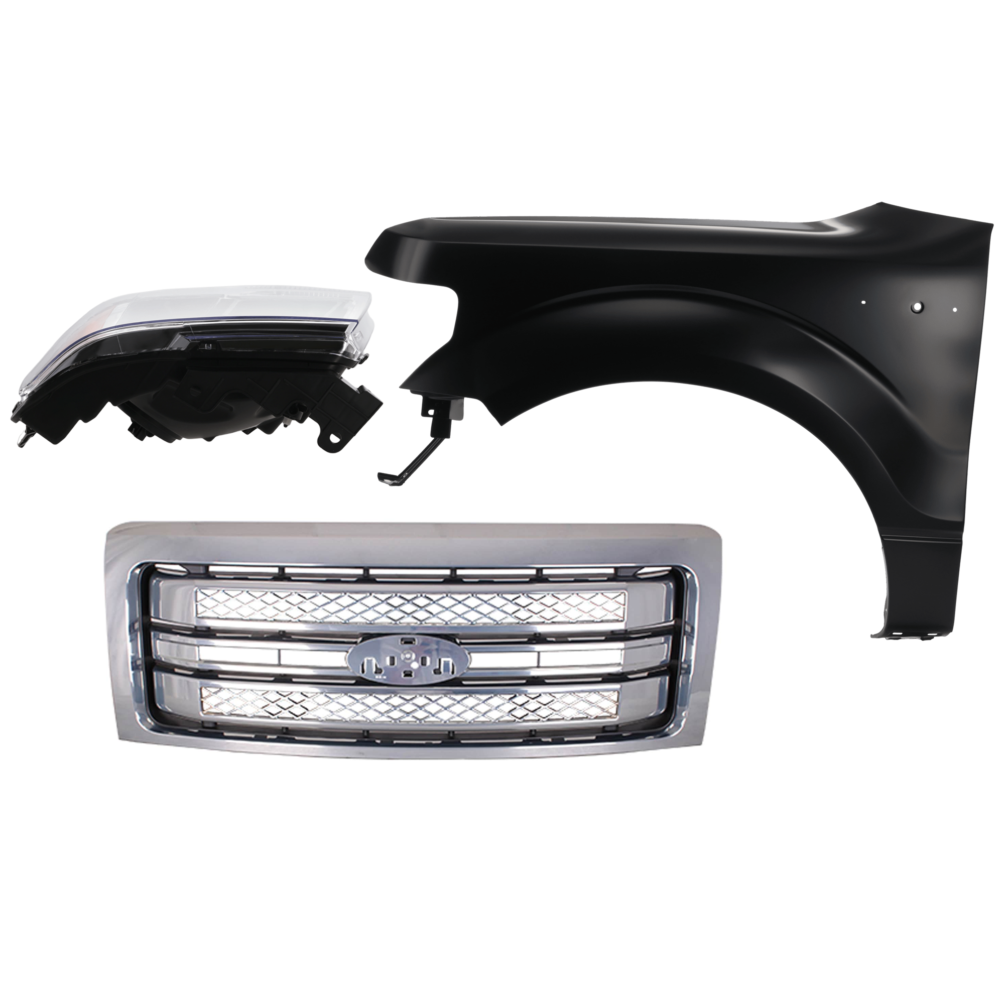 AM F 150-13-14 FRONT FENDER LH Black 3 pc Kit with Grille and Headlight SKU KIT 022423-3902 Partslink FO1200631C FO1240272C FO2502287C FO2502289C OEM BL3Z16006A DL3Z13008B DL3Z1300