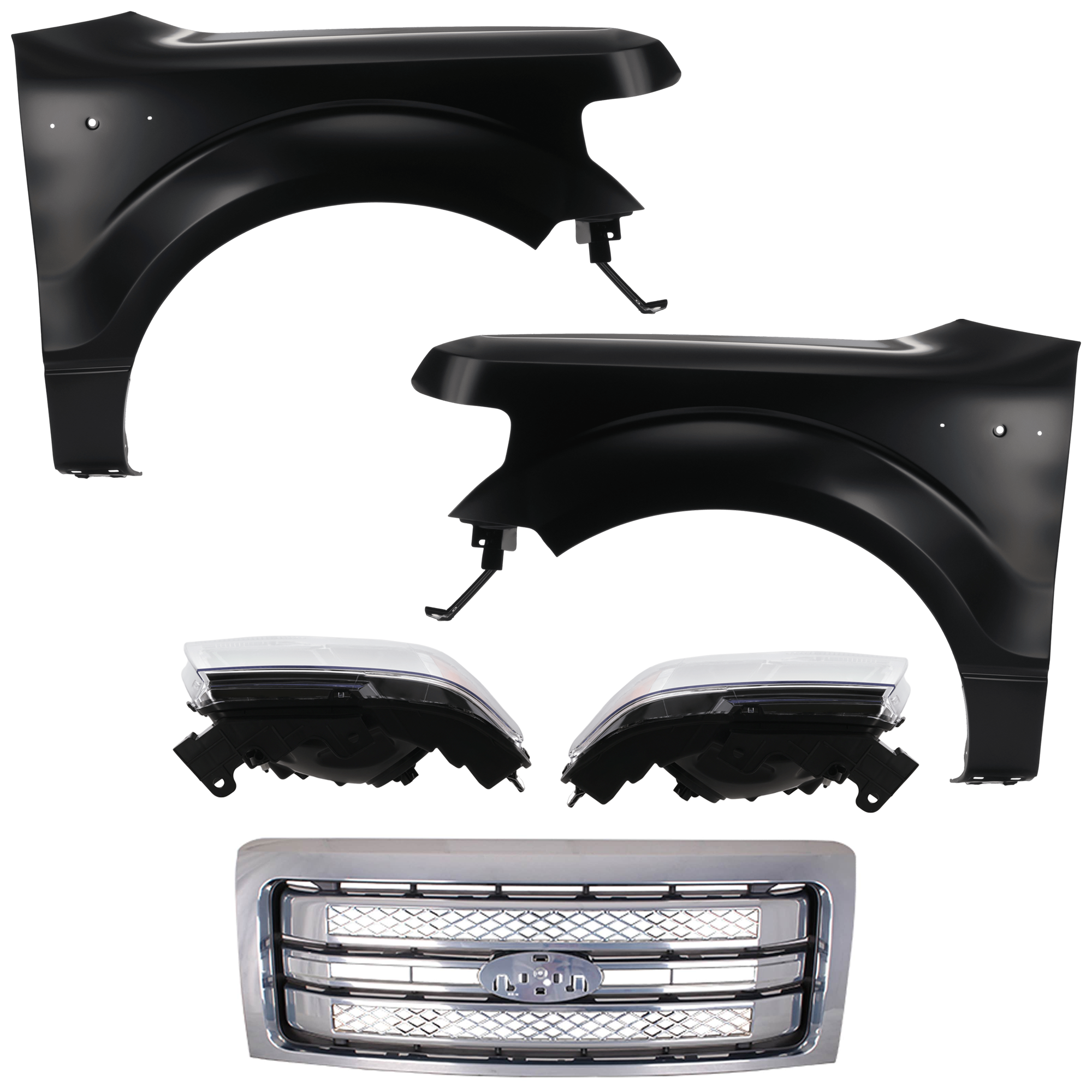 AM F 150-13-14 FRONT FENDER RH AND LH Black 5 pc Kit with Grille and Headlights SKU KIT 022423-39 Partslink FO1200631C FO1240272C FO1241272C FO2502287C FO2502289C FO2503287C FO2503289C OEM BL3Z16006A CL3Z16005A DL3Z1300