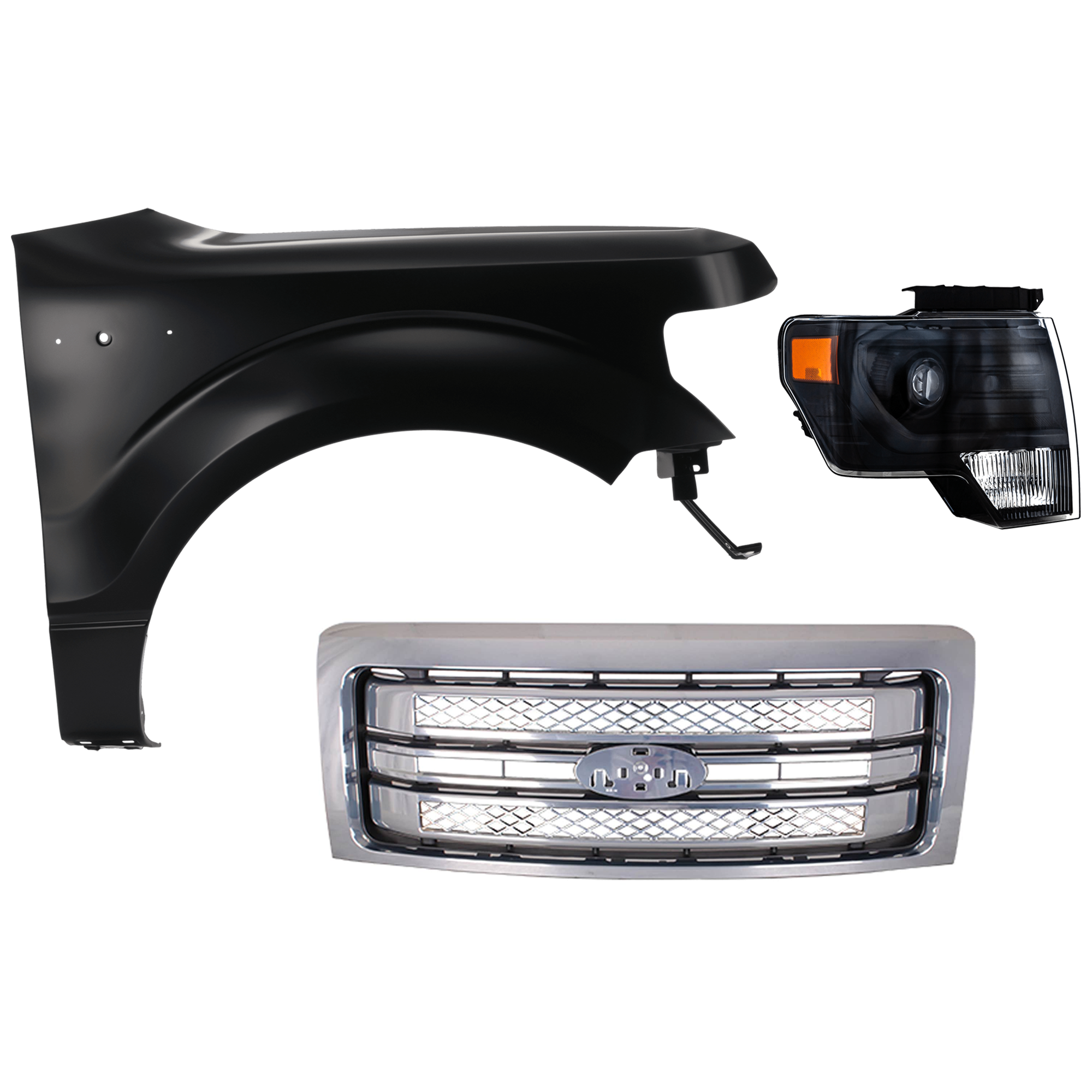AM F 150-13-14 HEAD LAMP RH Lens and Housing HID Xenon 3 pc Kit with Fender and Grille Assembly SKU KIT 022423-4101 Partslink FO2519121 FO1241272C FO1200631C OEM DL3Z13008DB CL3Z16005A DL3Z820
