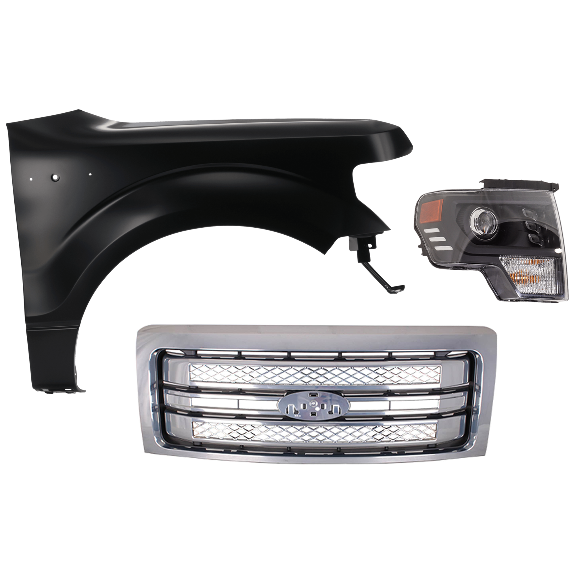 AM F 150-13-14 HEAD LAMP RH Assembly LED 3 pc Kit with Fender and Grille Assembly SKU KIT 022423-4301 Partslink FO1200631C FO1241272C FO2503403 OEM CL3Z16005A DL3Z13008DB PFM DL3