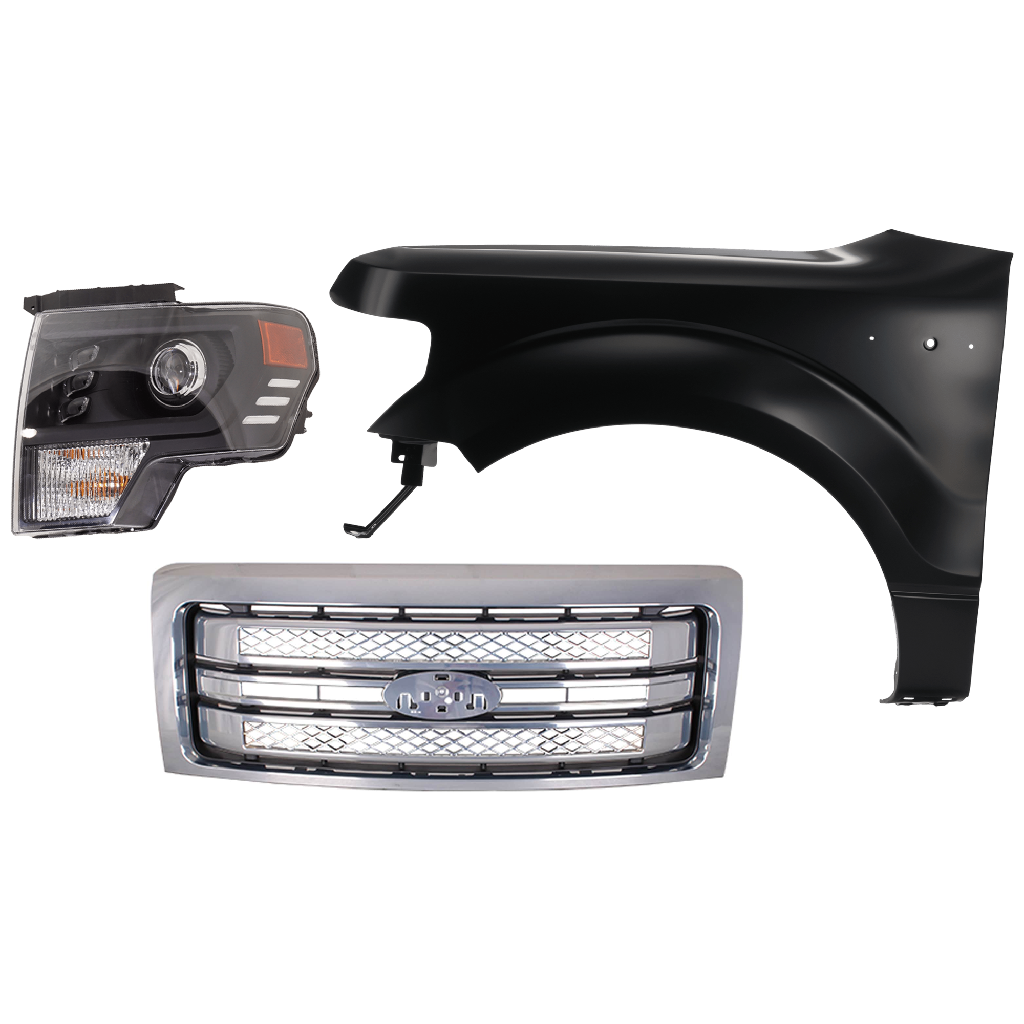 AM F 150-13-14 HEAD LAMP LH Assembly LED 3 pc Kit with Fender and Grille Assembly SKU KIT 022423-4302 Partslink FO1200631C FO1240272C FO2502403 OEM BL3Z16006A DL3Z13008FB PFM DL3