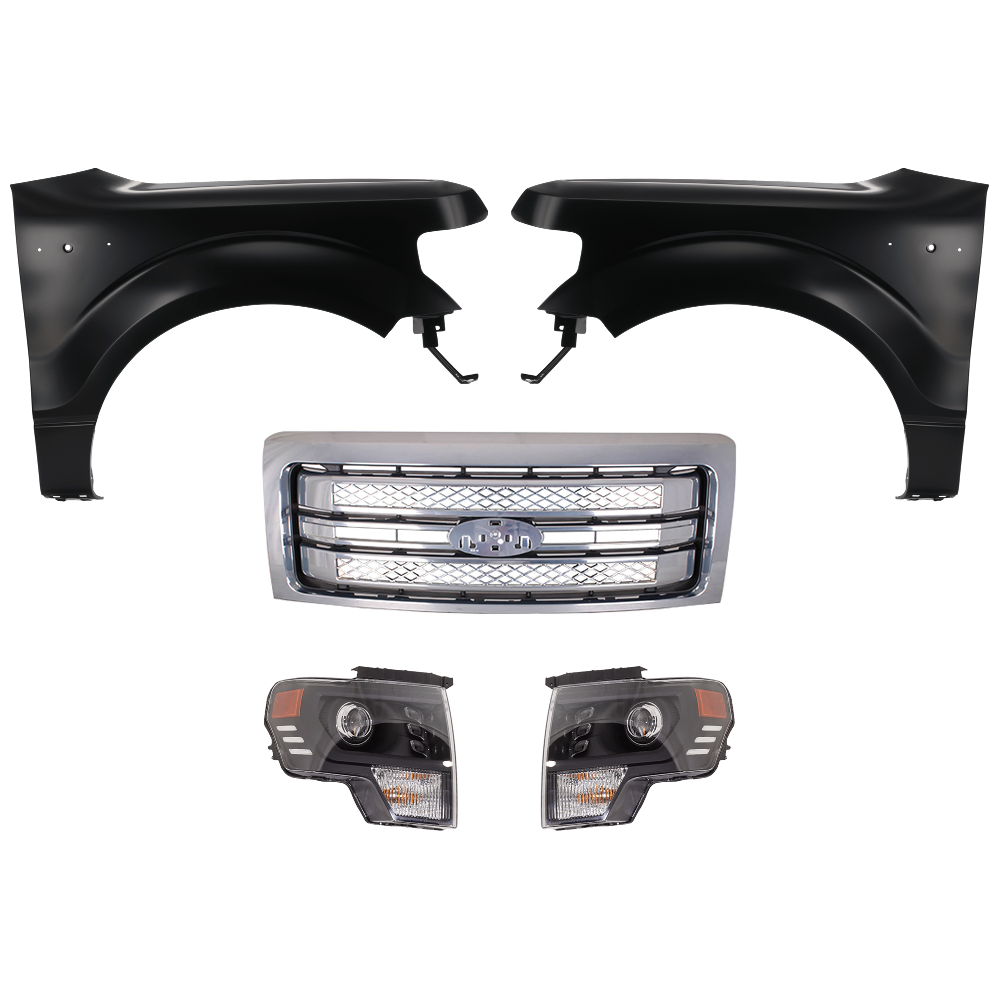AM F 150-13-14 HEAD LAMP RH AND LH Assembly LED 5 pc Kit with Fenders and Grille Assembly SKU KIT 022423-43 Partslink FO1200631C FO1240272C FO1241272C FO2502403 FO2503403 OEM BL3Z16006A CL3Z16005A DL3Z1300