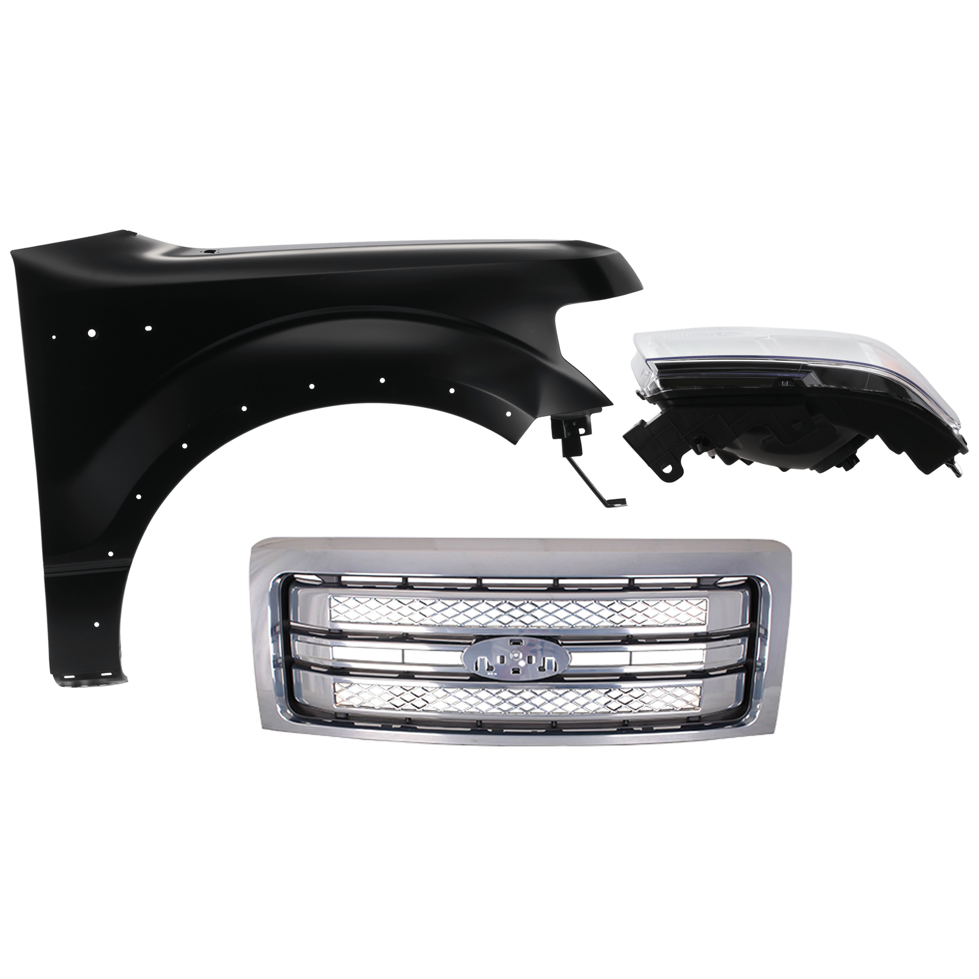AM F 150-13-14 FRONT FENDER RH Primed 3 pc Kit with Grille and Headlight CAPA SKU KIT 022423-4401 Partslink FO1200631C FO1241273C FO2503287C FO2503289C OEM CL3Z16005B DL3Z13008A DL3Z1300