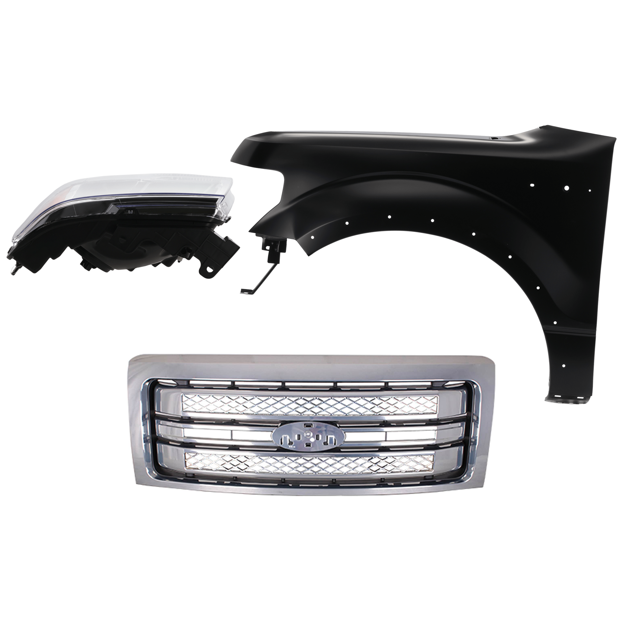 AM F 150-13-14 FRONT FENDER LH Primed 3 pc Kit with Grille and Headlight SKU KIT 022423-4402 Partslink FO1200631C FO1240273C FO2502287C FO2502289C OEM BL3Z16006B DL3Z13008B DL3Z1300
