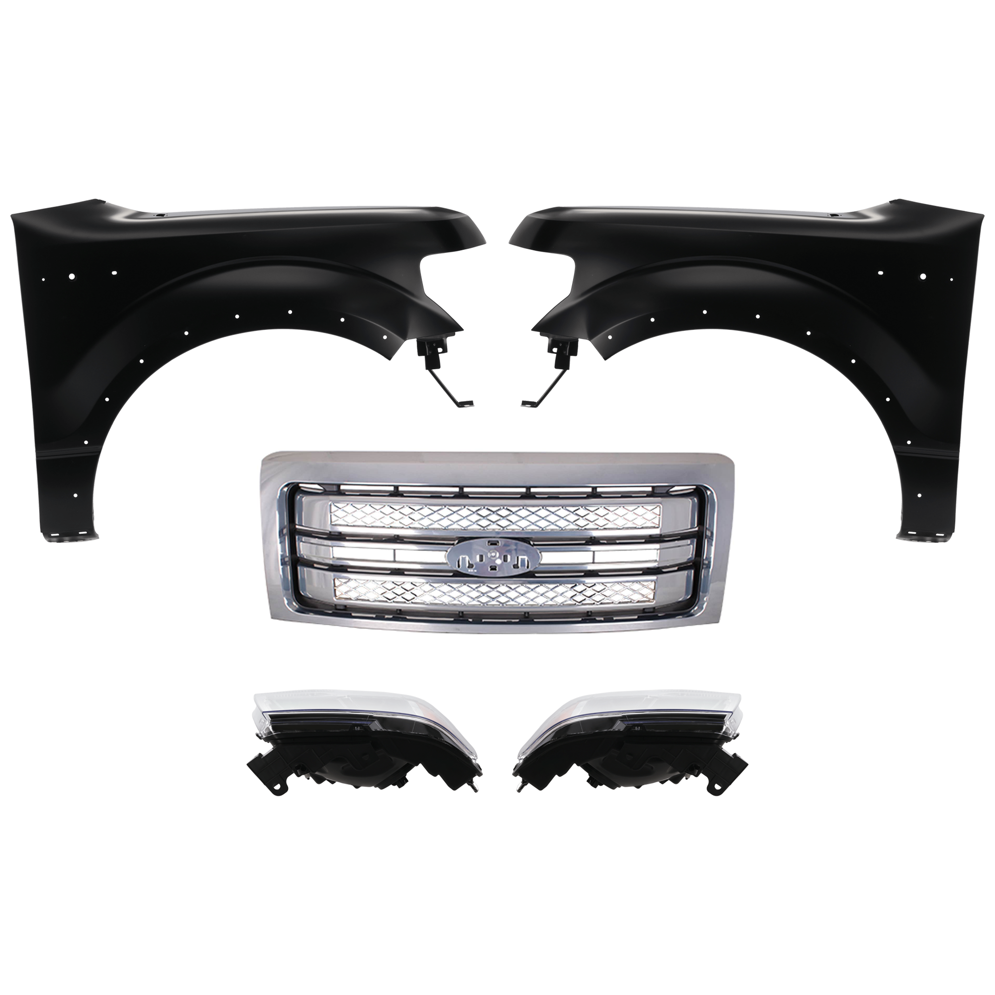 AM F 150-13-14 FRONT FENDER RH AND LH Primed 5 pc Kit with Grille and Headlights SKU KIT 022423-44 Partslink FO1200631C FO1240273C FO1241273C FO2502287C FO2502289C FO2503287C FO2503289C OEM BL3Z16006B CL3Z16005B DL3Z1300