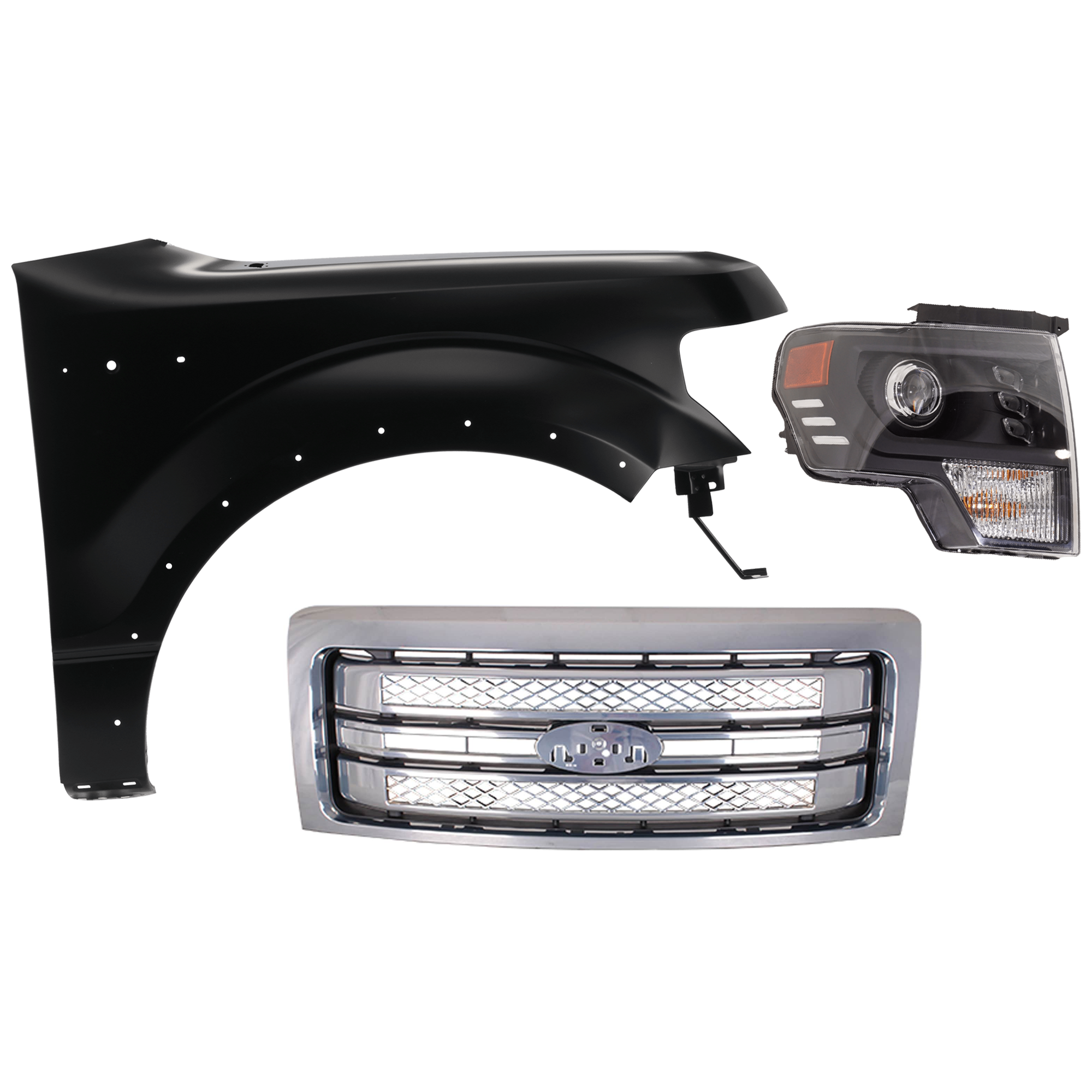 AM F 150-13-14 HEAD LAMP RH Assembly LED 3 pc Kit with Fender and Grille Assembly SKU KIT 022423-4801 Partslink FO1200631C FO1241273C FO2503403 OEM CL3Z16005B DL3Z13008DB PFM DL3