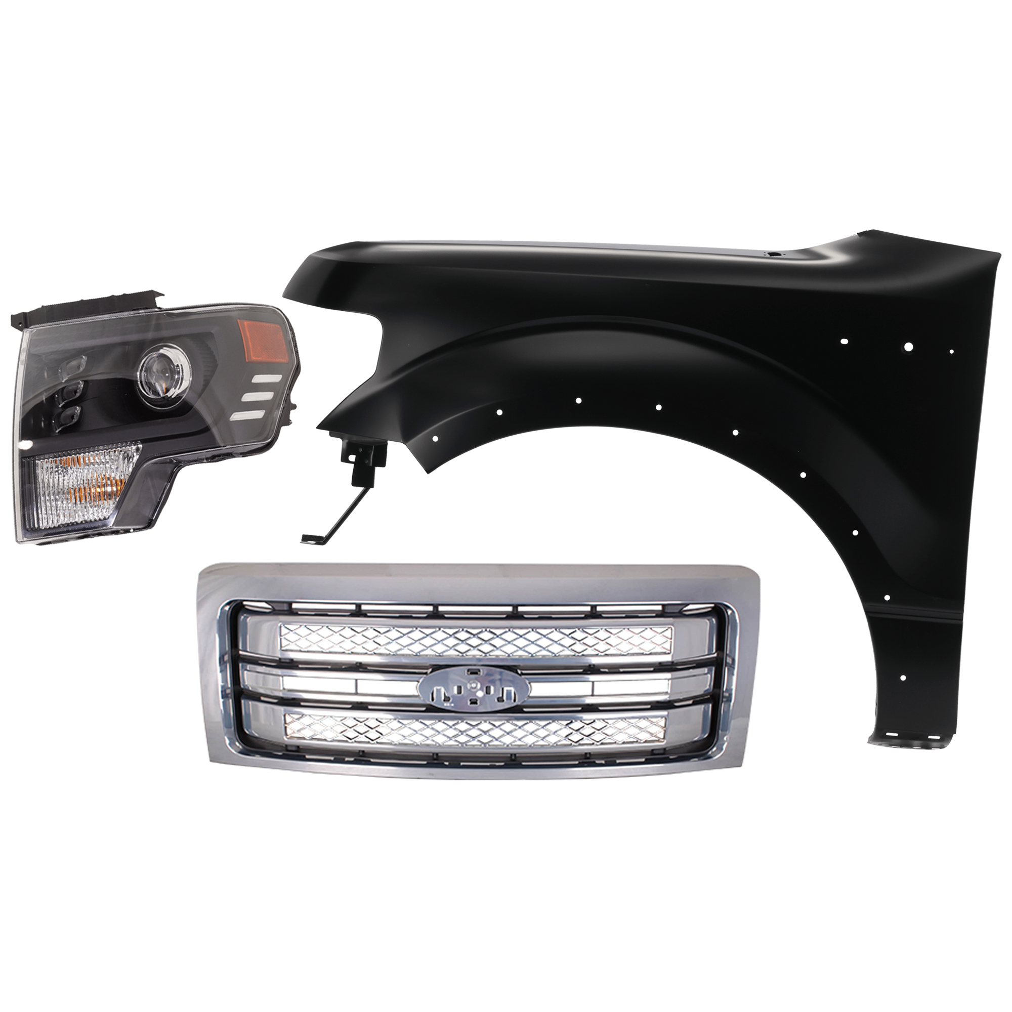 AM F 150-13-14 HEAD LAMP LH Assembly LED 3 pc Kit with Fender and Grille Assembly SKU KIT 022423-4802 Partslink FO1200631C FO1240273C FO2502403 OEM BL3Z16006B DL3Z13008FB PFM DL3