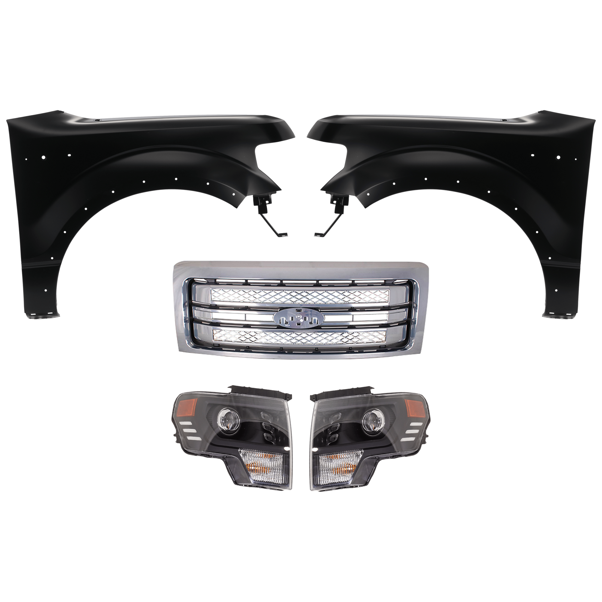 AM F 150-13-14 HEAD LAMP RH AND LH Assembly LED 5 pc Kit with Fenders and Grille Assembly SKU KIT 022423-48 Partslink FO2502403 FO2503403 FO1241273C FO1240273C FO1200631C OEM DL3Z13008DB PFM DL3Z13008FB PF