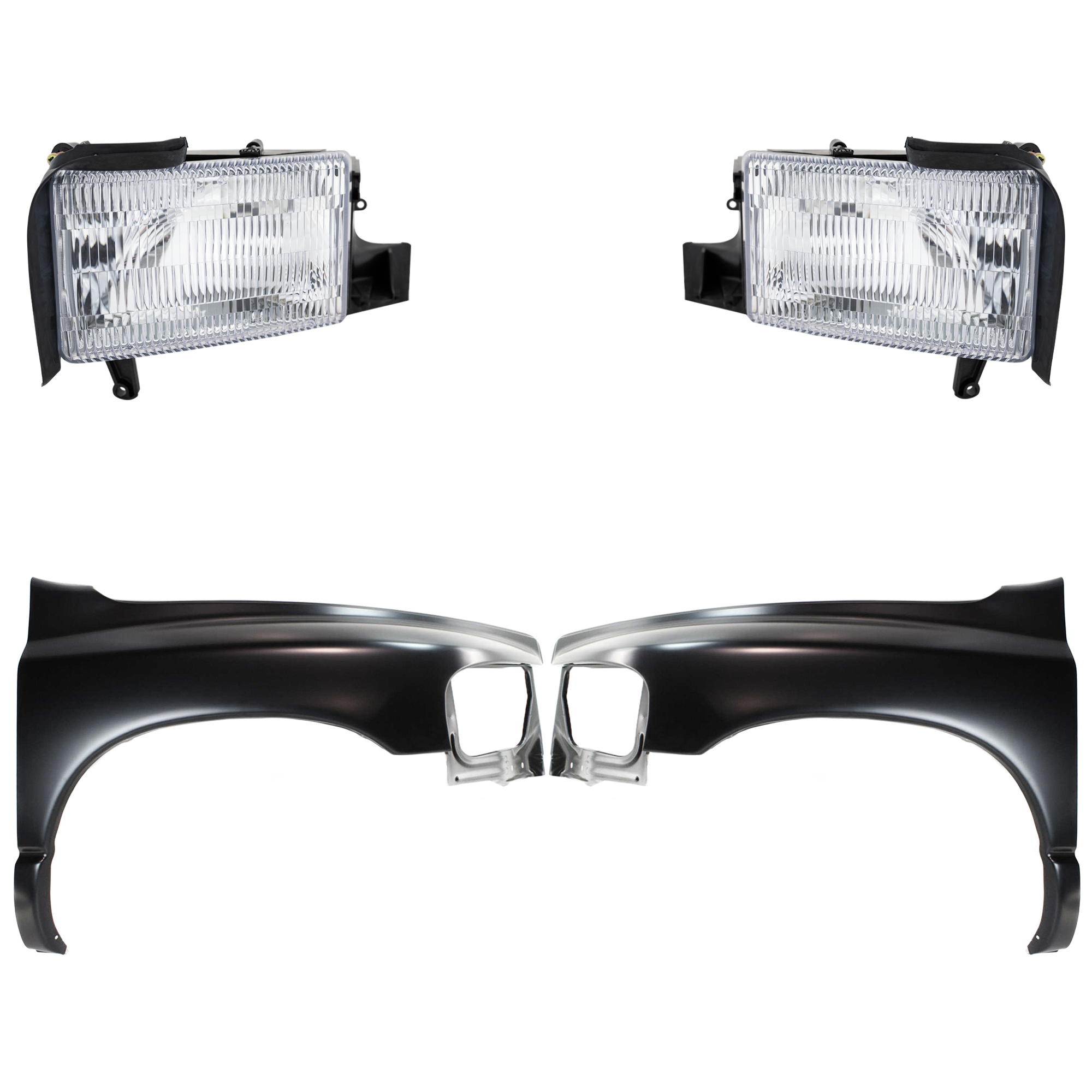 AM RAM 1500-02-02 FRONT FENDER RH AND LH Primed 4 pc Kit with Headlights SKU KIT 022423-52603 OEM 55276208AD 55276970AA 55276209