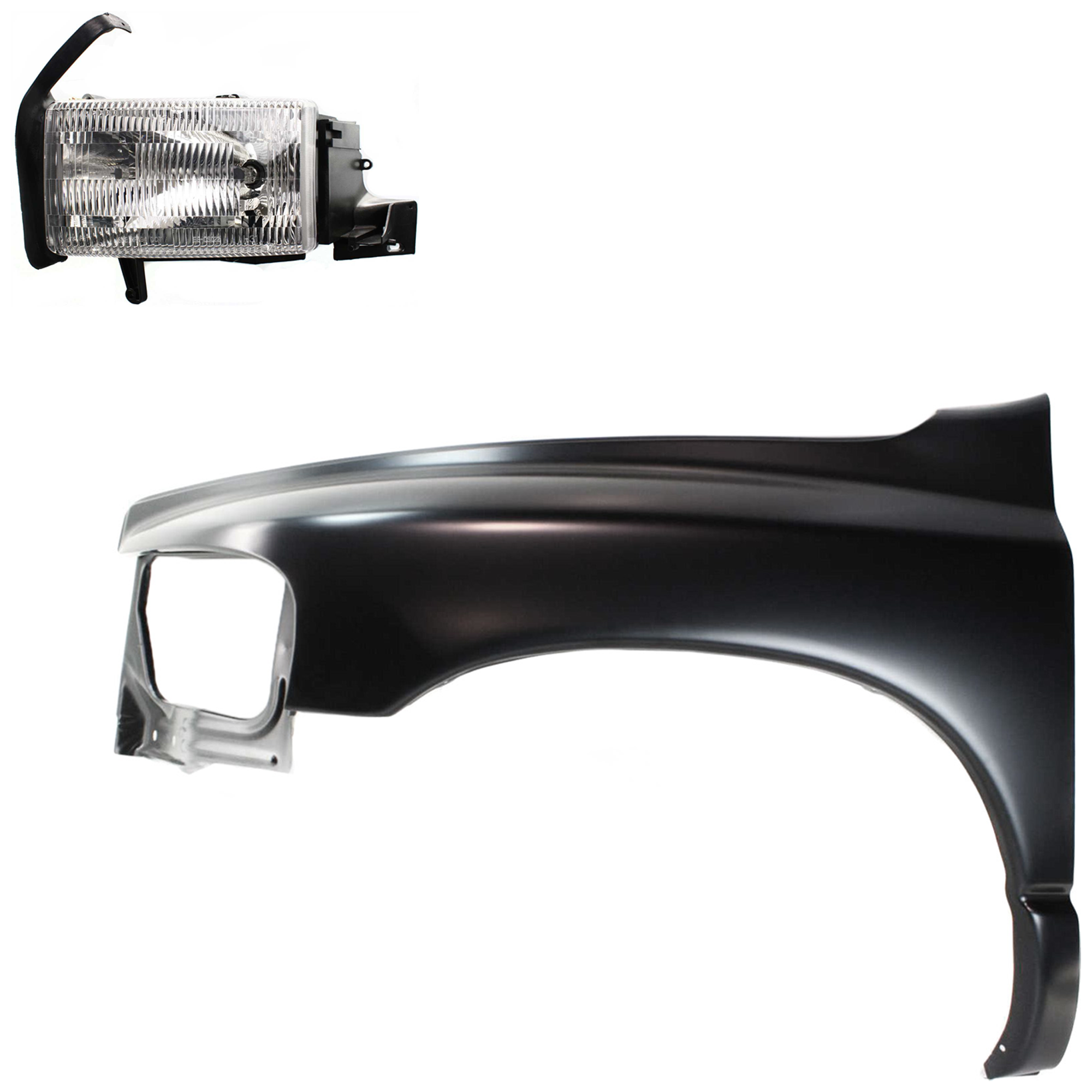 AM RAM 1500-02-02 FRONT FENDER LH Primed 2 pc Kit with Headlight SKU KIT 022423-52605 OEM 55276209AD 55276971AA 55054781