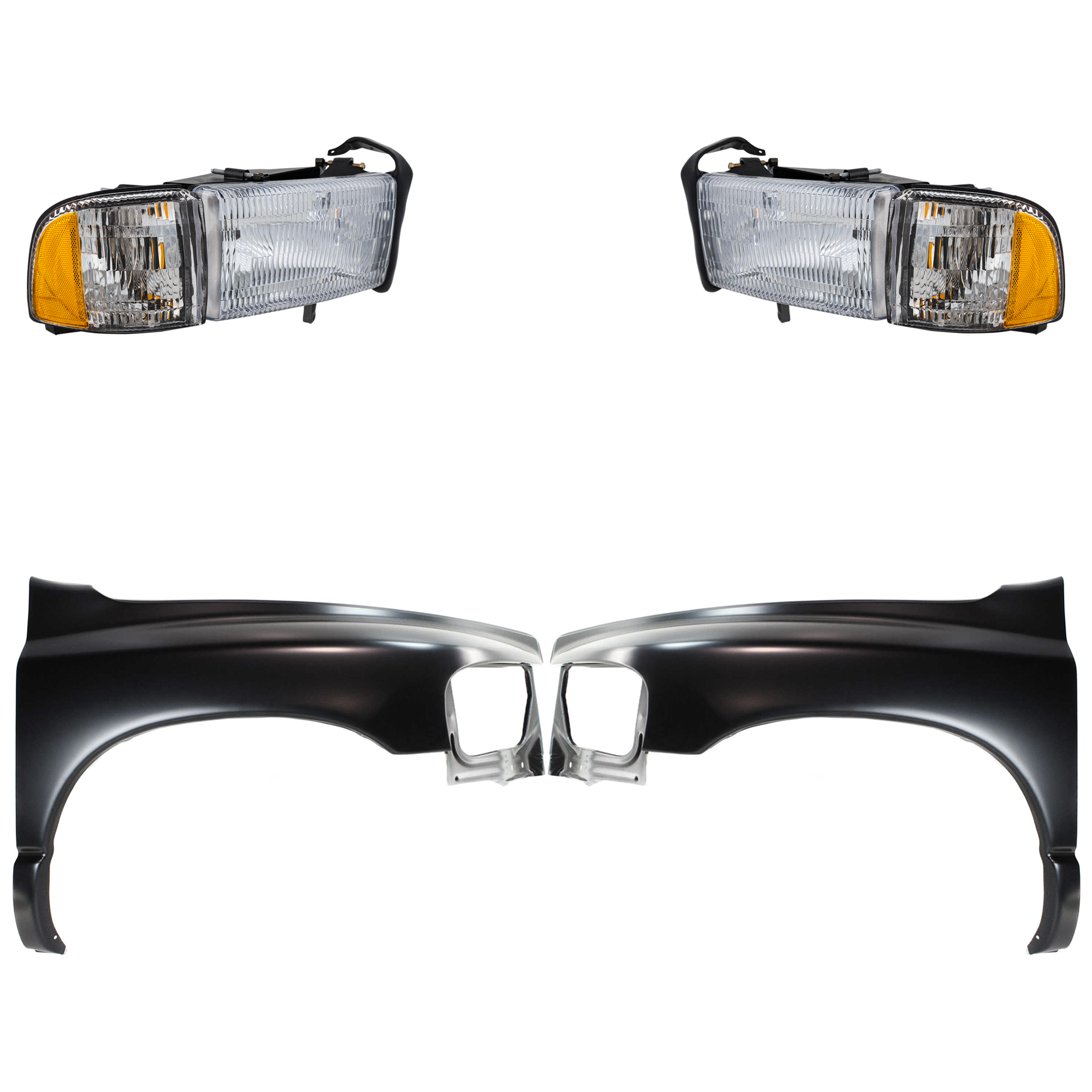AM RAM 1500-02-02 FRONT FENDER RH AND LH Primed 4 pc Kit with Headlights SKU KIT 022423-53503 Partslink CH1241232 CH1240232 CH2502101 CH2503101 OEM 55276208AD 55276970AA 55276209