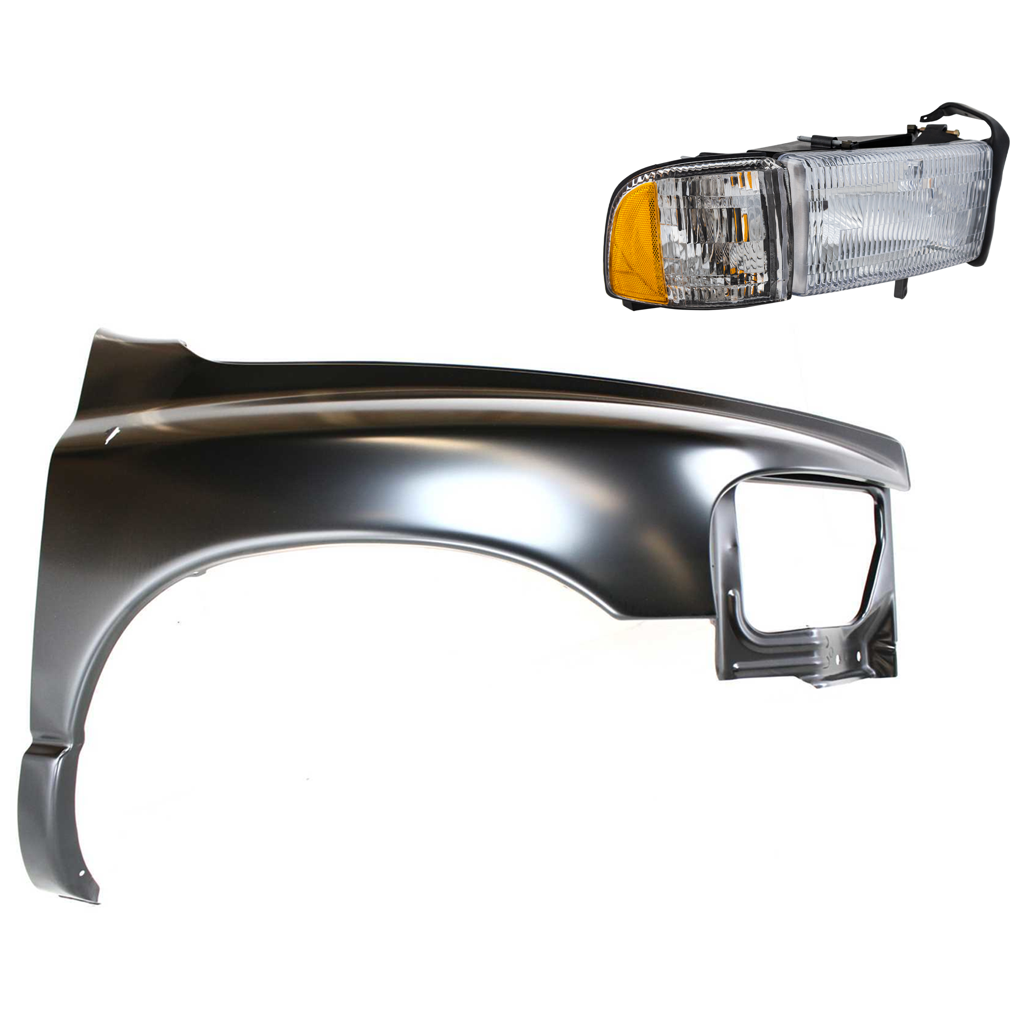 AM RAM 1500-02-02 FRONT FENDER RH Primed 2 pc Kit with Headlight SKU KIT 022423-53504 Partslink CH1241232 CH2503101 OEM 55276208AD 55276970AA 55076748