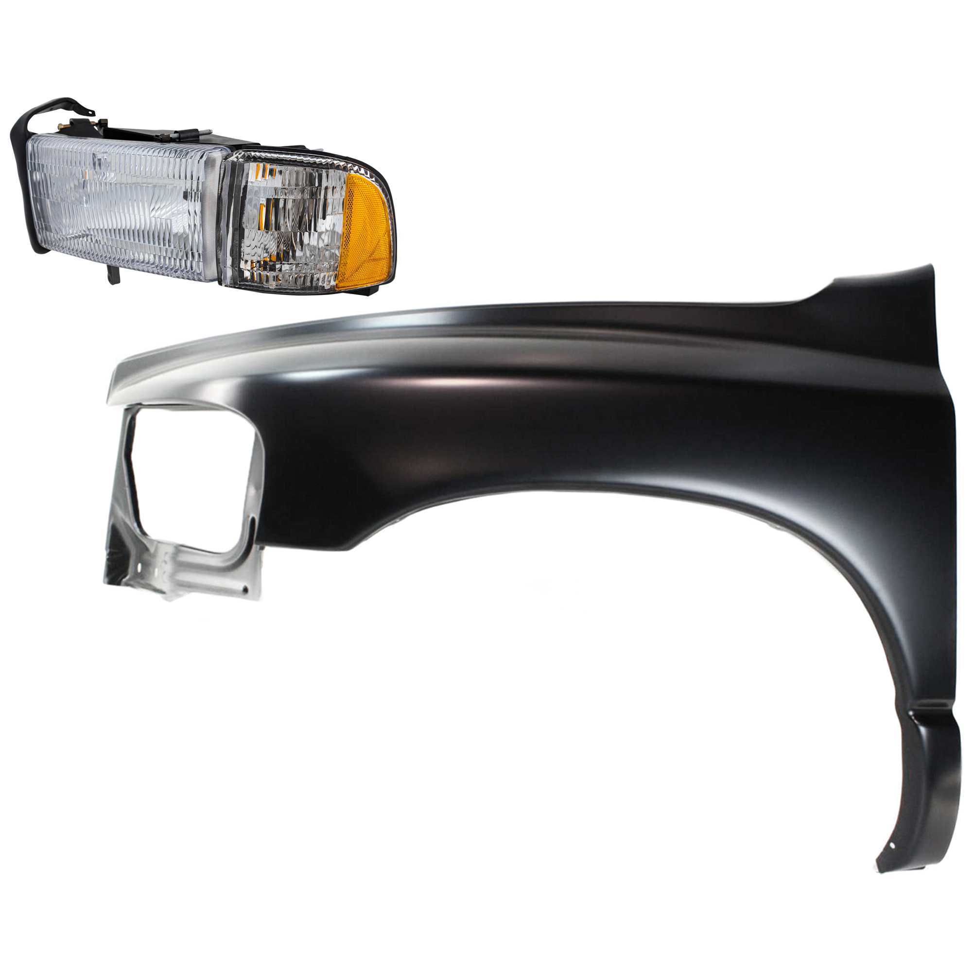 AM RAM 1500-02-02 FRONT FENDER LH Primed 2 pc Kit with Headlight SKU KIT 022423-53505 Partslink CH1240232 CH2502101 OEM 55276209AD 55276971AA 55076749