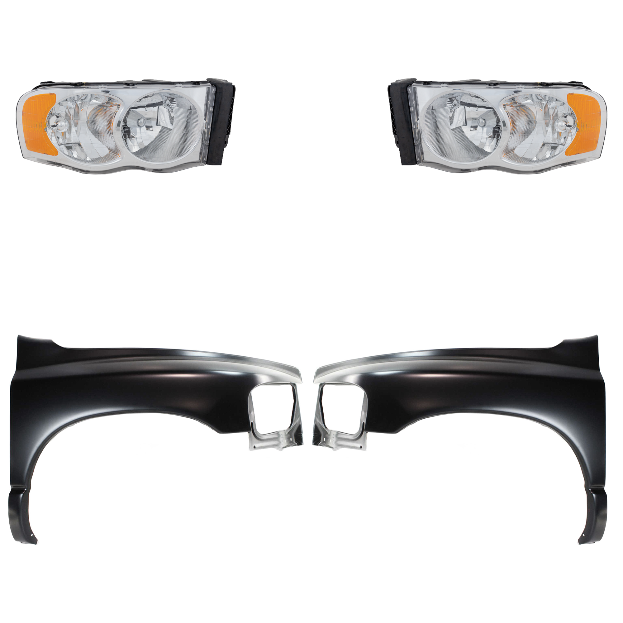 AM DODGE FULL SIZE PICKUP 02-05 FRONT FENDER RH AND LH Primed 4 pc Kit with Headlights SKU KIT 022423-54203 Partslink CH1241232 CH1240232 CH2502135 CH2502161 CH2503135 CH2503161 OEM 55276208AD 55276970AA 55276209