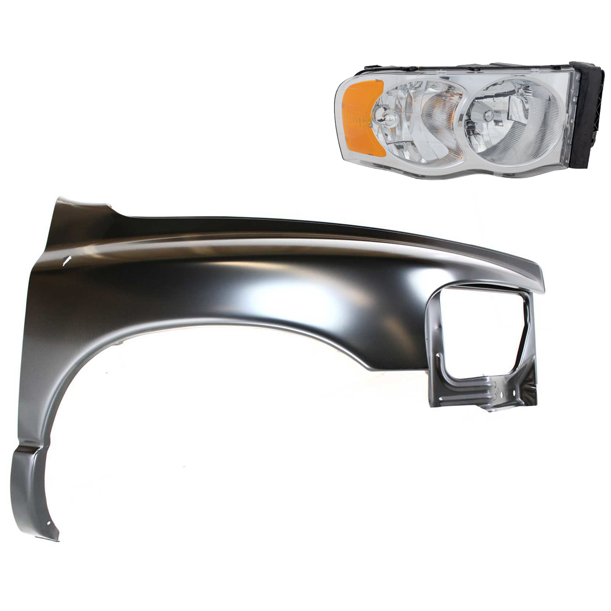 AM DODGE FULL SIZE PICKUP 02-05 FRONT FENDER RH Primed 2 pc Kit with Headlight SKU KIT 022423-54204 Partslink CH1241232 CH2503135 CH2503161 OEM 55276208AD 55276970AA 55077120