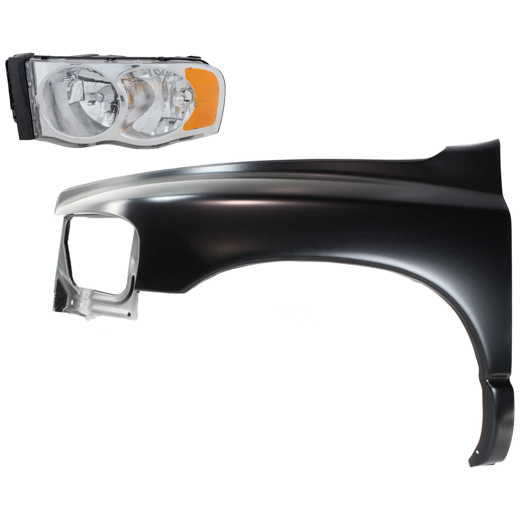 AM DODGE FULL SIZE PICKUP 02-05 FRONT FENDER LH Primed 2 pc Kit with Headlight SKU KIT 022423-54205 Partslink CH1240232 CH2502135 CH2502161 OEM 55276209AD 55276971AA 55077121