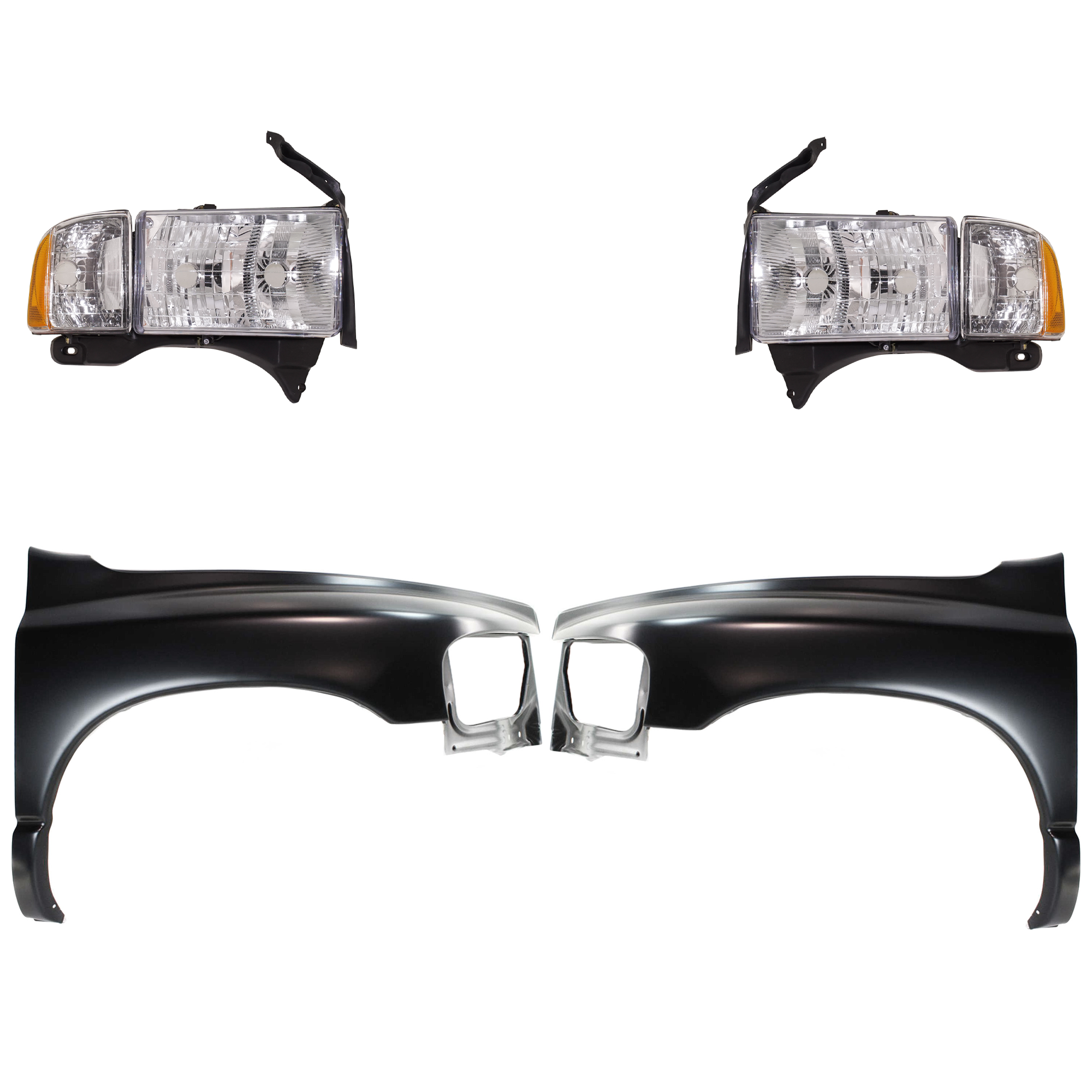 AM RAM 1500-02-02 FRONT FENDER RH AND LH Primed 4 pc Kit with Headlights SKU KIT 022423-55103 OEM 55276208AD 55276970AA 55276209