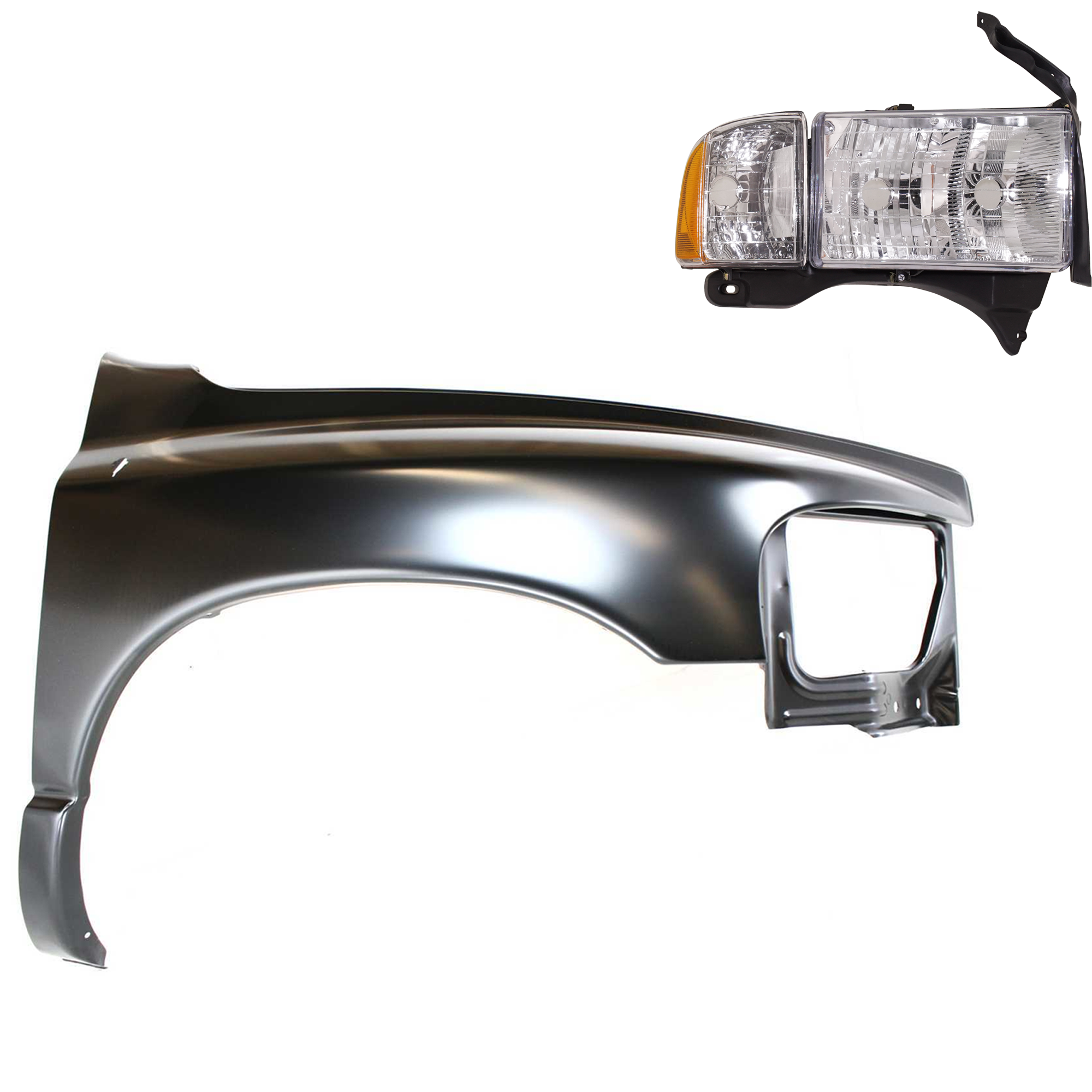 AM RAM 1500-02-02 FRONT FENDER RH Primed 2 pc Kit with Headlight SKU KIT 022423-55104 OEM 55276208AD 55276970AA 55077024
