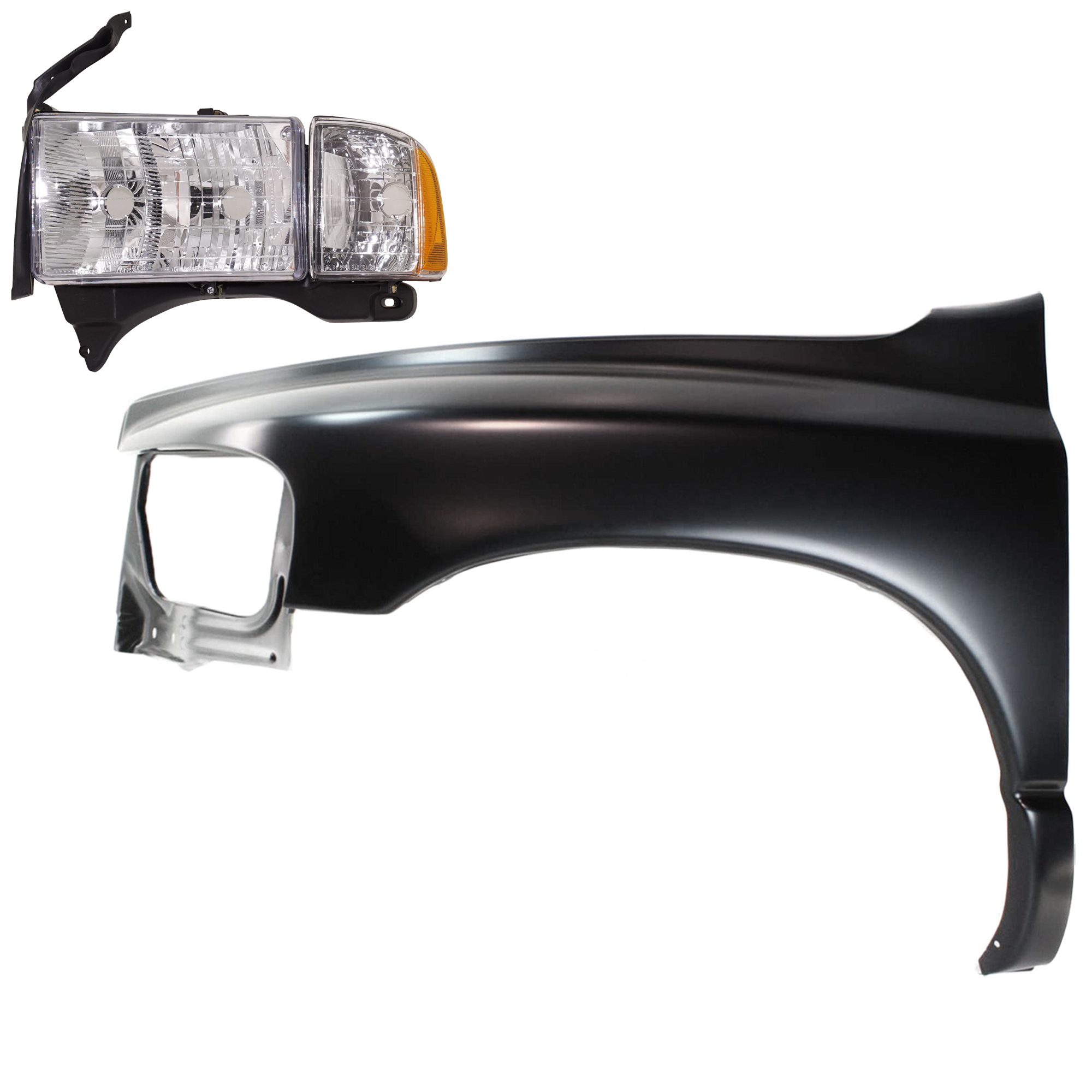 AM RAM 1500-02-02 FRONT FENDER LH Primed 2 pc Kit with Headlight SKU KIT 022423-55105 OEM 55276209AD 55276971AA 55077025