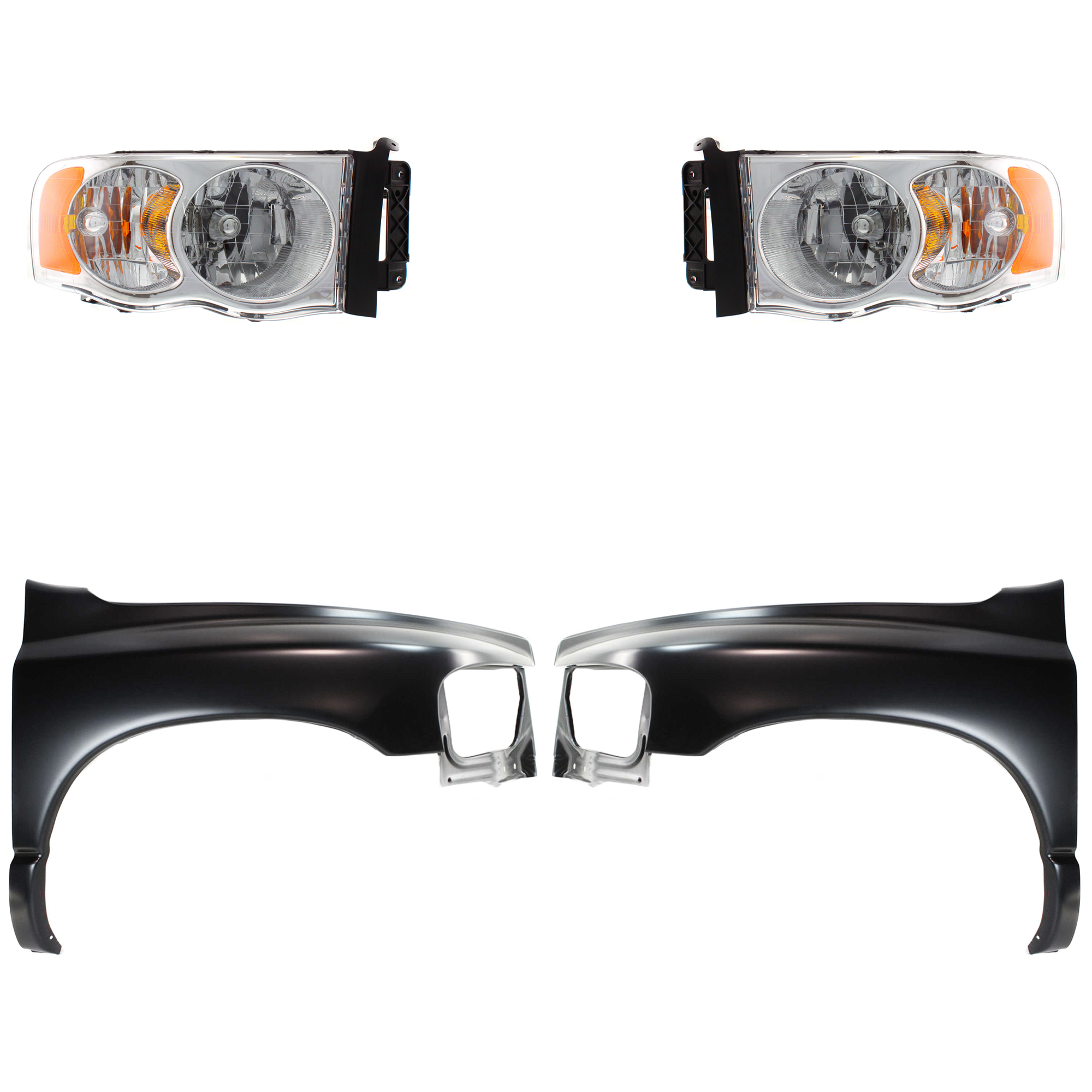 AM DODGE FULL SIZE PICKUP 02-05 HEAD LAMP RH AND LH Halogen Assembly 4 pc Kit with Fenders SKU KIT 022423-55803 Partslink CH1240232 CH1241232 OEM 55077120AF PFM 55077120AG PFM