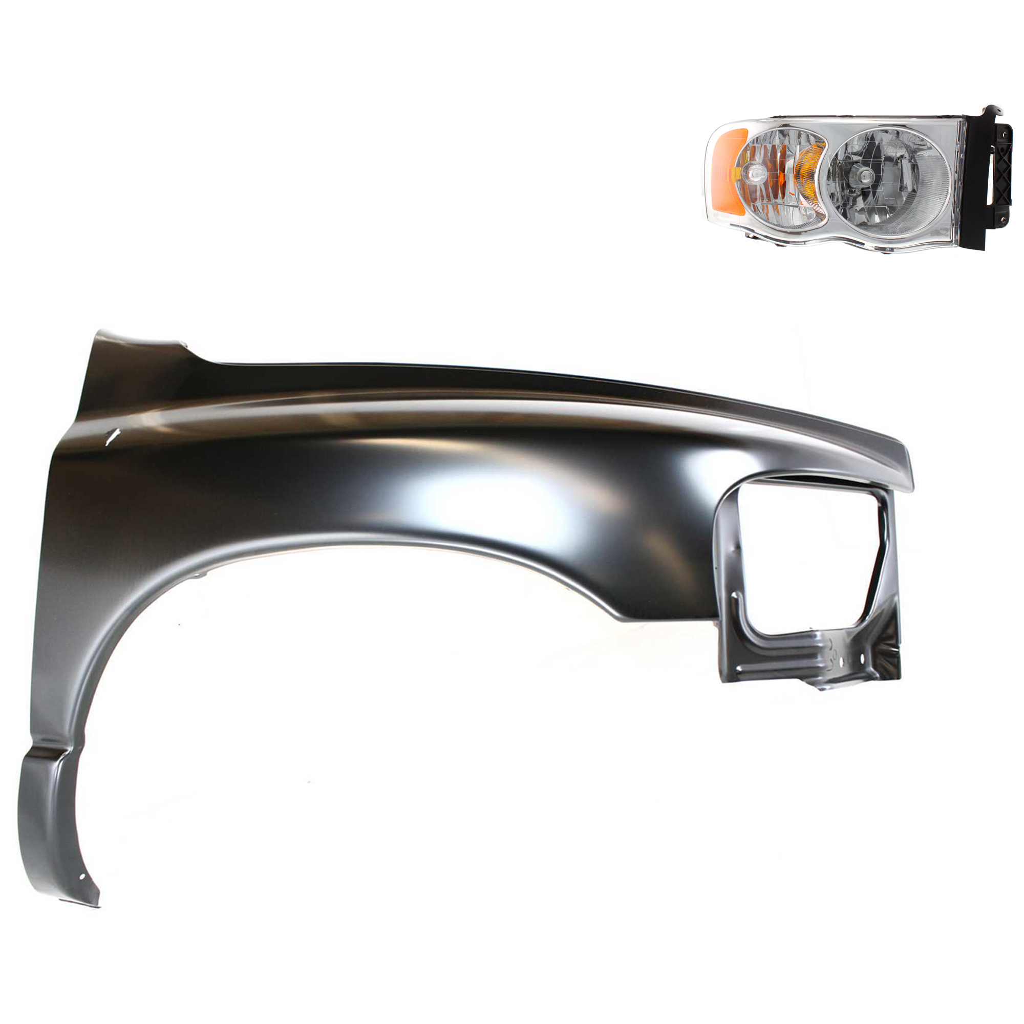 AM DODGE FULL SIZE PICKUP 02-05 HEAD LAMP RH Halogen Assembly 2 pc Kit with Fender SKU KIT 022423-55804 Partslink CH1241232 OEM 55077120AF PFM 55077120AG PFM