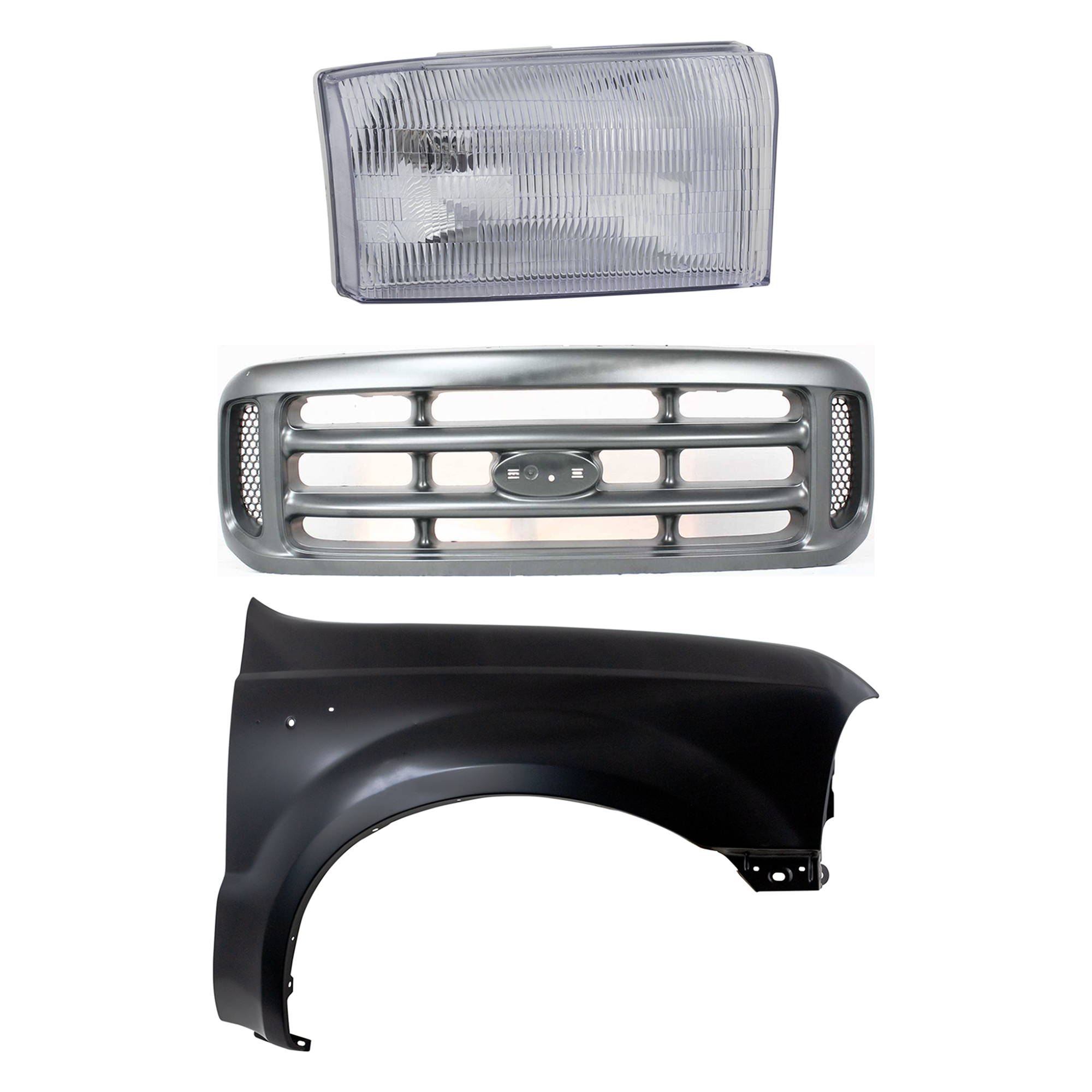 AM F 250 SUPER DUTY F 350 SUPER DUTY 99-01 GRILLE Painted Silver Shell and Insert 3 pc Kit with Fender and Headlight SKU KIT 022423-56101 Partslink FO1200362 FO1241208 FO2503147 OEM YC3Z8200AAA F81Z16005AA 1C3Z13