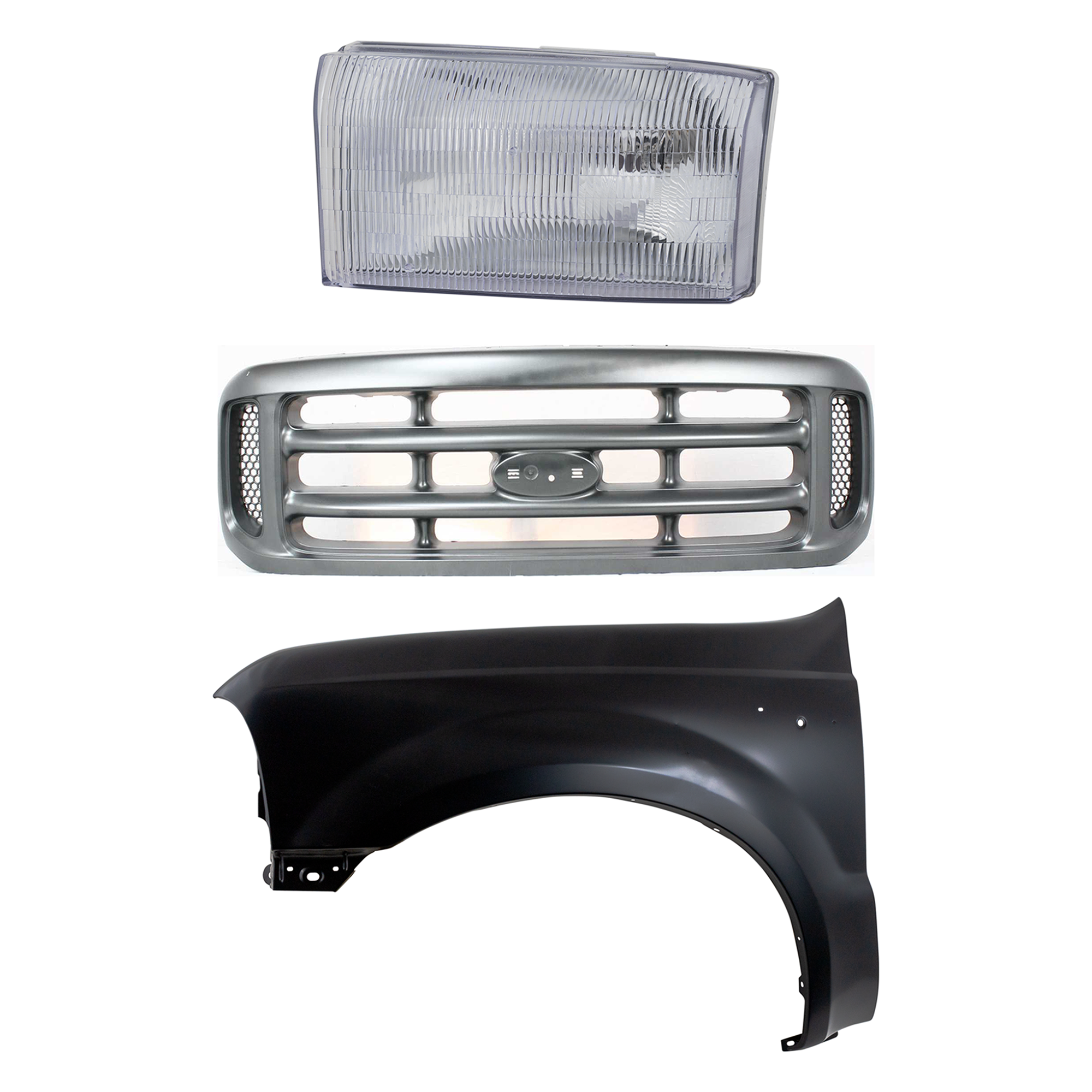 AM F 250 SUPER DUTY F 350 SUPER DUTY 99-01 GRILLE Painted Silver Shell and Insert 3 pc Kit with Fender and Headlight SKU KIT 022423-56102 Partslink FO1200362 FO1240208 FO2502147 OEM YC3Z8200AAA F81Z16006AA 1C3Z13