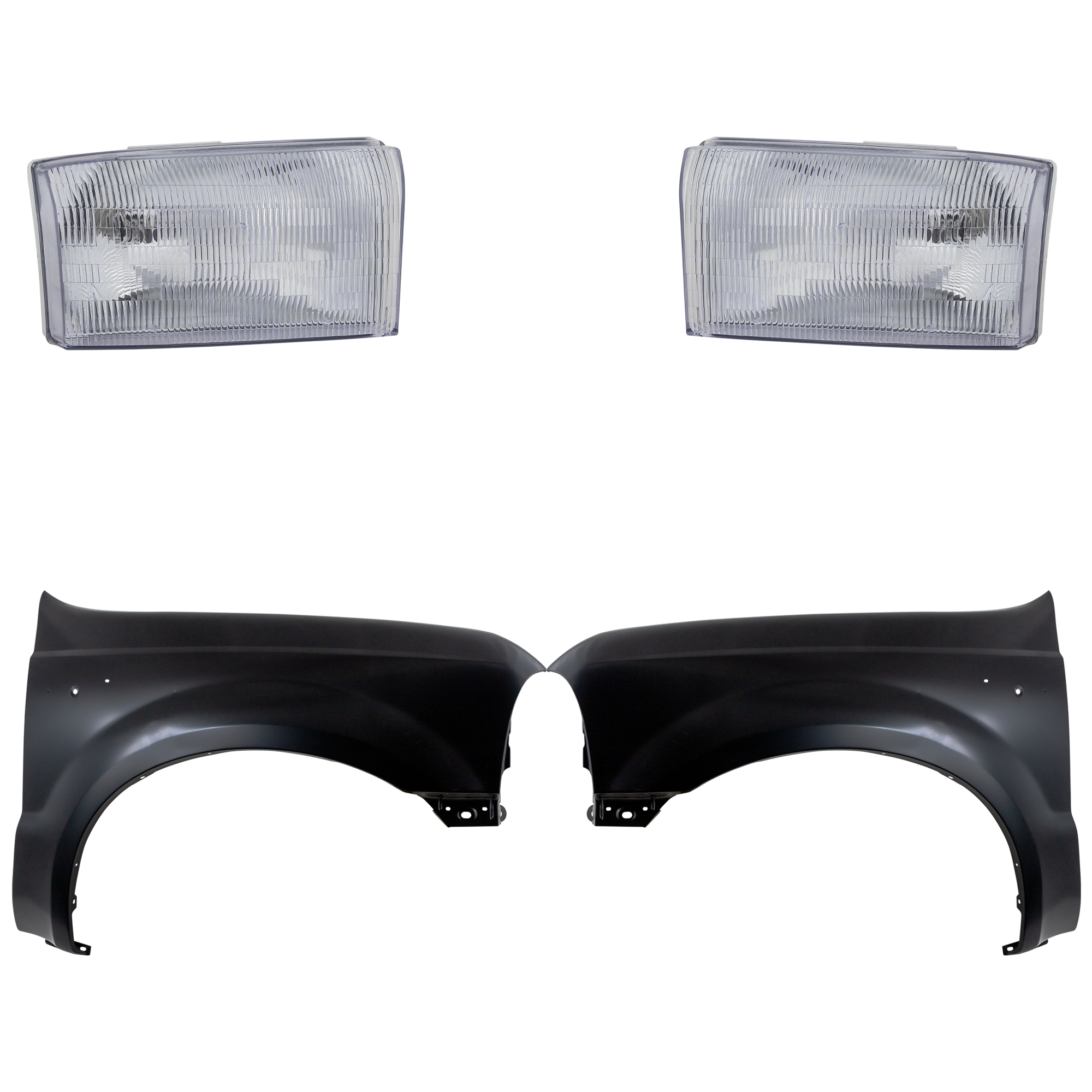 AM F 250 SUPER DUTY F 350 SUPER DUTY 99-01 FRONT FENDER RH AND LH Primed 4 pc Kit with Headlights SKU KIT 022423-56103 Partslink FO1241208 FO1240208 FO2503147 FO2502147 OEM F81Z16005AA F81Z16006AA 1C3Z13
