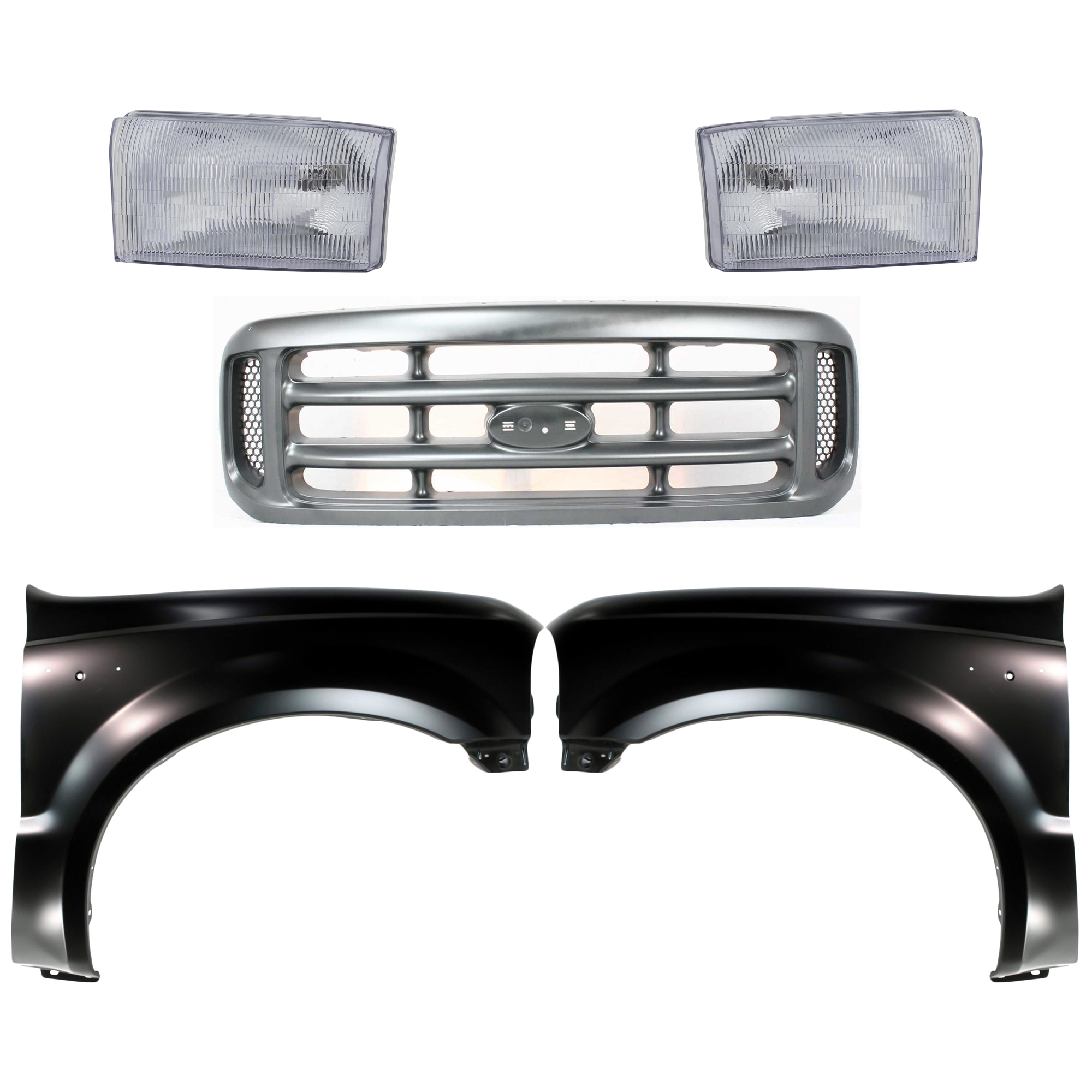 AM F 250 SUPER DUTY F 350 SUPER DUTY 99-01 GRILLE Painted Silver Shell and Insert 5 pc Kit with Fenders and Headlights SKU KIT 022423-561 Partslink FO1200362 FO1241208 FO1240208 FO2503147 FO2502147 OEM YC3Z8200AAA F81Z16005AA F81Z16