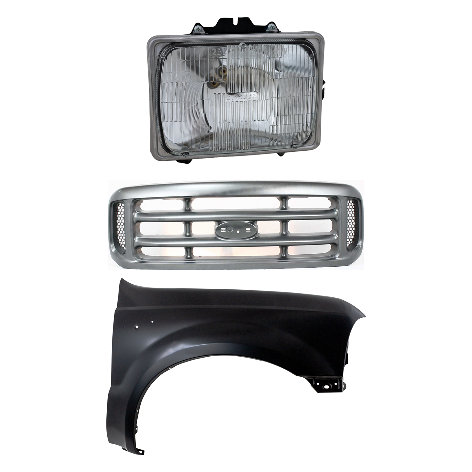 AM F SERIES SUPER DUTY 99-04 GRILLE Painted Silver Shell and Insert 3 pc Kit with Fender and Headlight SKU KIT 022423-56201 Partslink FO1200362 FO1241208 FO2501126 OEM YC3Z8200AAA F81Z16005AA F3UZ13