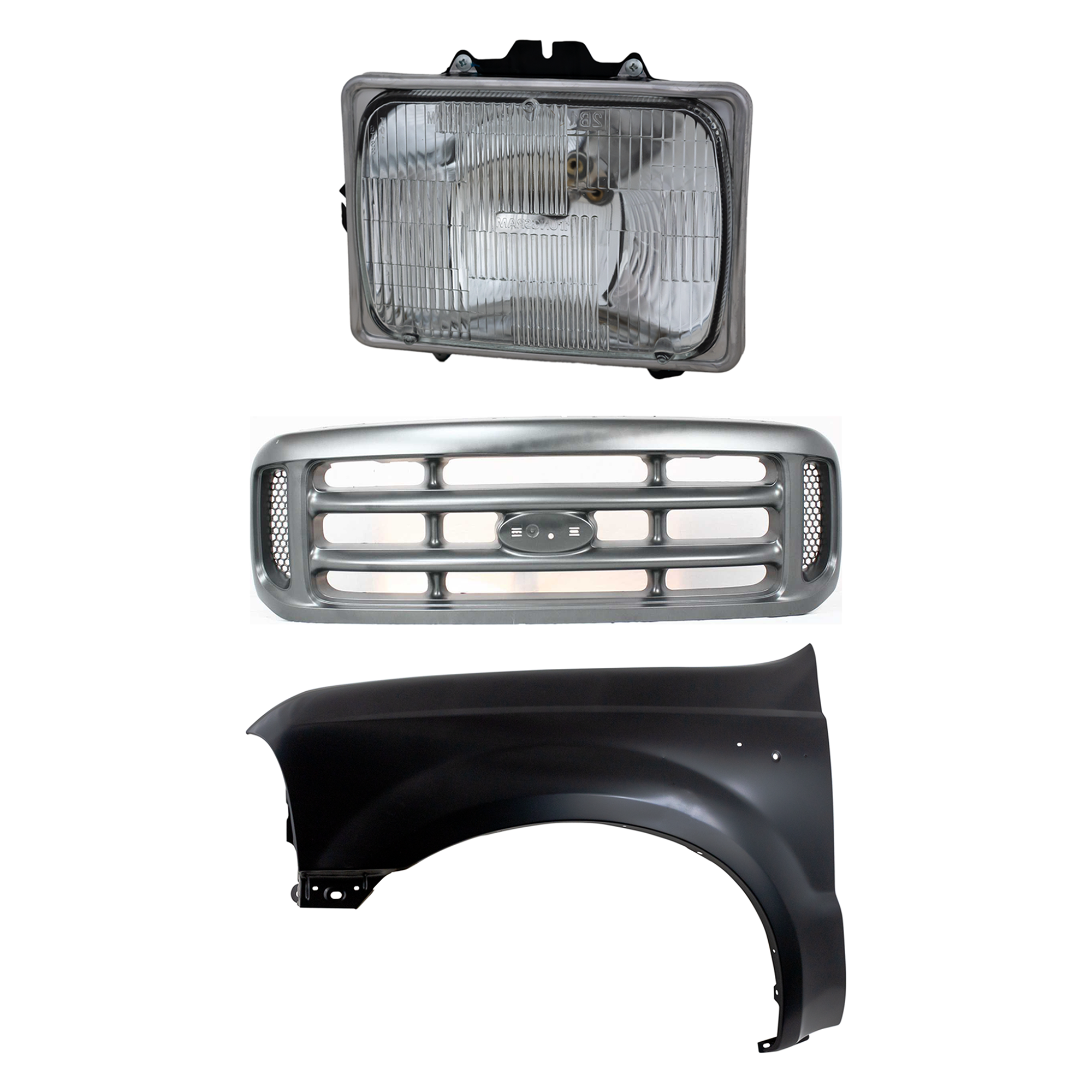 AM F SERIES SUPER DUTY 99-04 GRILLE Painted Silver Shell and Insert 3 pc Kit with Fender and Headlight SKU KIT 022423-56202 Partslink FO1200362 FO1240208 FO2500126 OEM YC3Z8200AAA F81Z16006AA F3UZ13