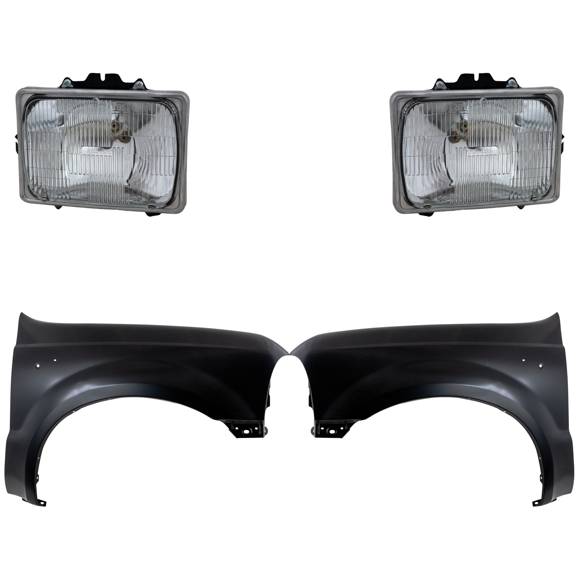 AM F 250 SUPER DUTY F 350 SUPER DUTY F 450 SUPER DUTY F 550 SUPER DUTY 99-04 FRONT FENDER RH AND LH Primed 4 pc Kit with Headlights SKU KIT 022423-56203 Partslink FO1240208 FO1241208 FO2500126 FO2501126 OEM F81Z16005AA F81Z16006AA F3UZ13