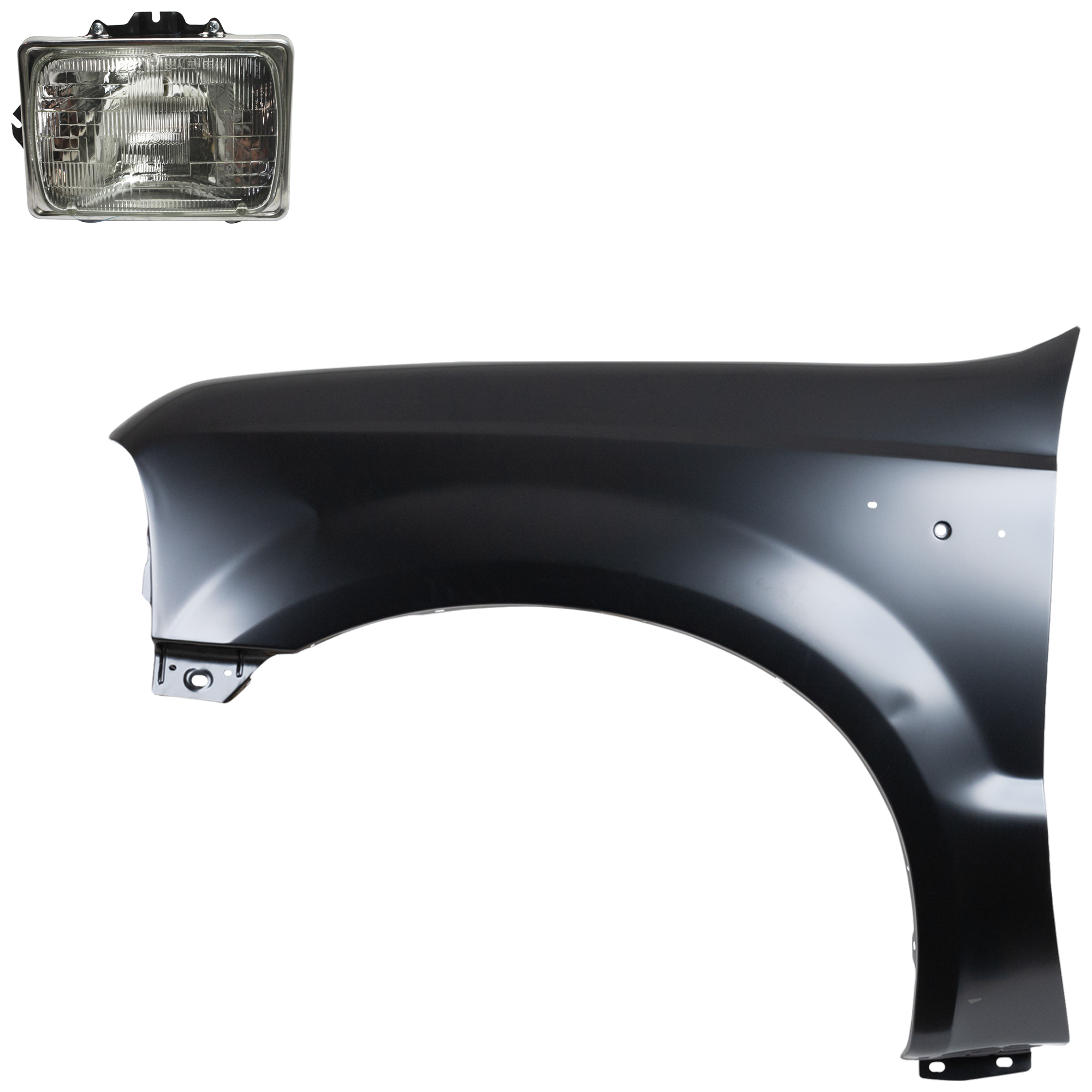 AM F 250 SUPER DUTY F 350 SUPER DUTY F 450 SUPER DUTY F 550 SUPER DUTY 99-04 FRONT FENDER LH Primed 2 pc Kit with Headlight SKU KIT 022423-56205 Partslink FO1240208 FO2500126 OEM F81Z16006AA F3UZ13007A 6C2Z130