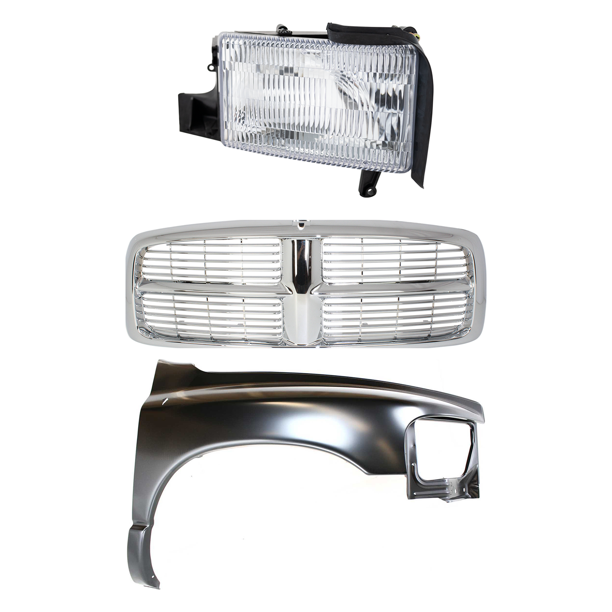 AM RAM 1500-02-02 GRILLE Chrome Shell and Insert 3 pc Kit with Fender and Headlight SKU KIT 022423-56701 Partslink CH1241232 OEM Performance 55276208AD 5527697
