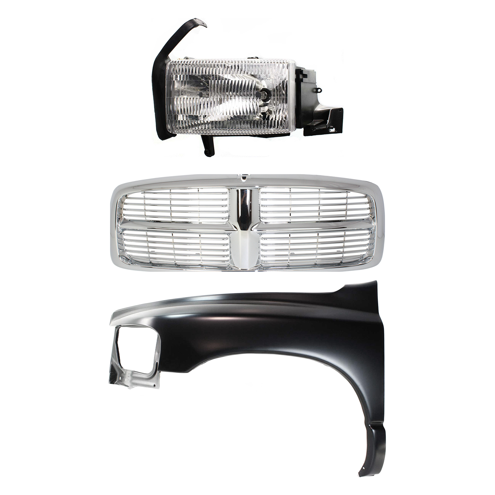 AM RAM 1500-02-02 FRONT FENDER LH Primed 3 pc Kit with Grille and Headlight SKU KIT 022423-56702 Partslink CH1240232 OEM 55276209AD 55276971AA Performa