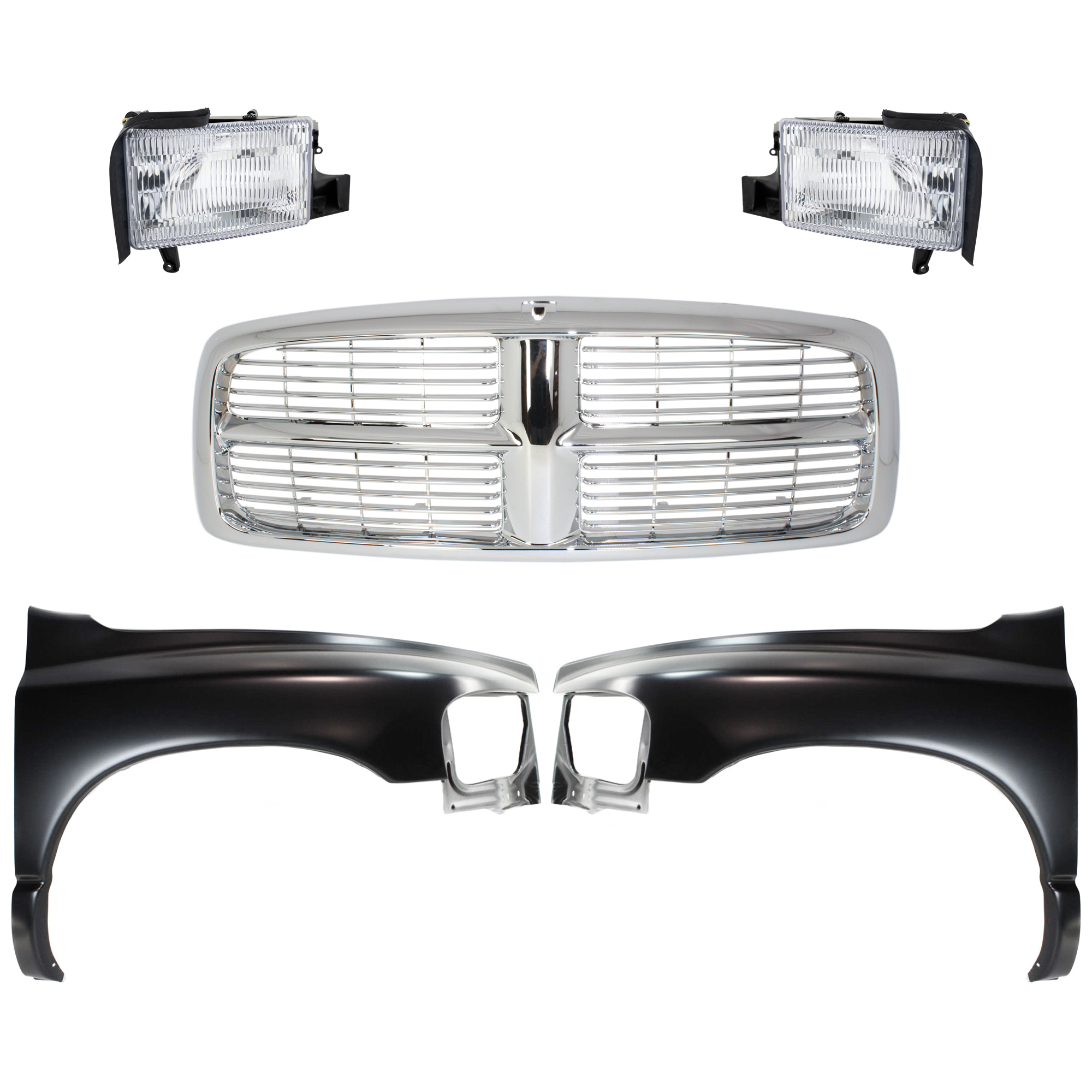 AM RAM 1500-02-02 FRONT FENDER RH AND LH Primed 5 pc Kit with Grille and Headlights SKU KIT 022423-567 OEM 55276208AD 55276970AA 55276209