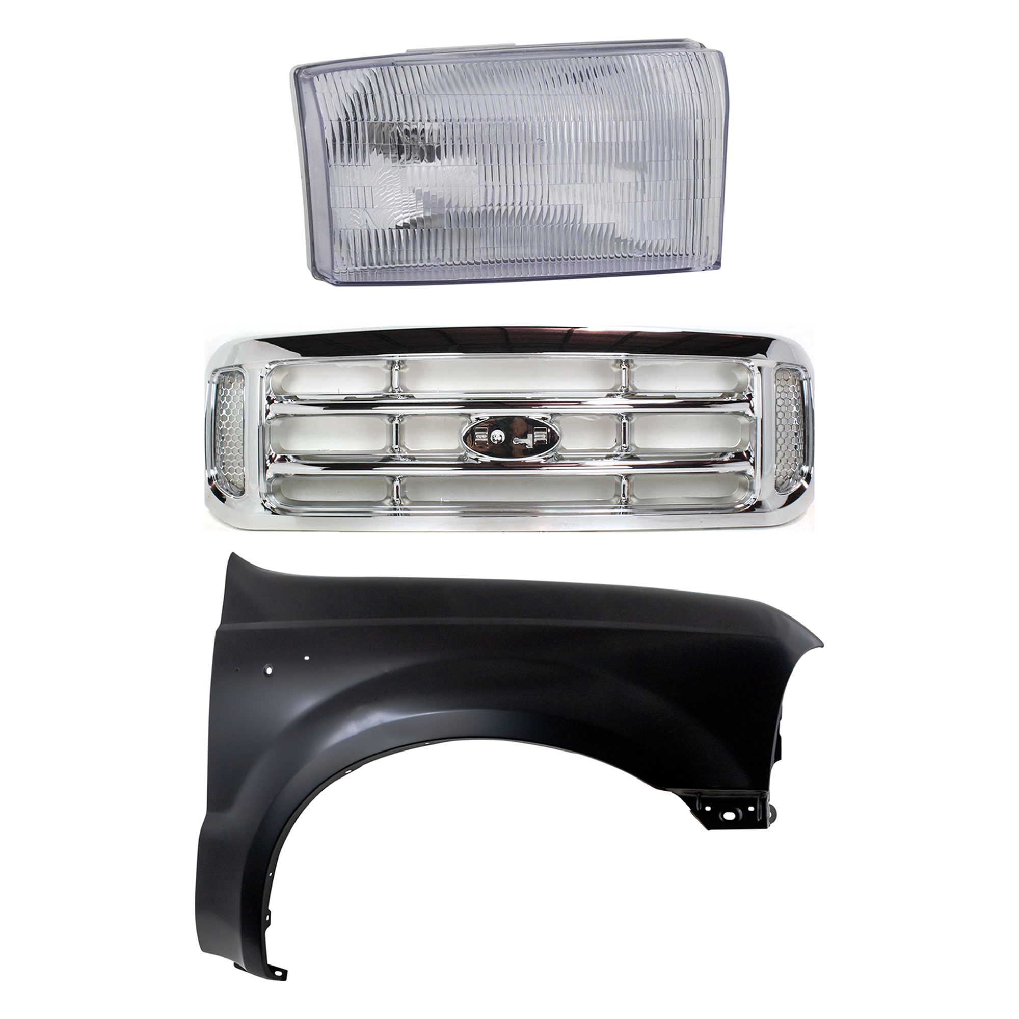 AM F 250 SUPER DUTY F 350 SUPER DUTY 99-01 GRILLE Chrome Shell and Insert 3 pc Kit with Fender and Headlight SKU KIT 022423-56801 Partslink FO1200417 FO1241208 FO2503147 OEM F81Z8200 F81Z16005AA 1C3Z13008