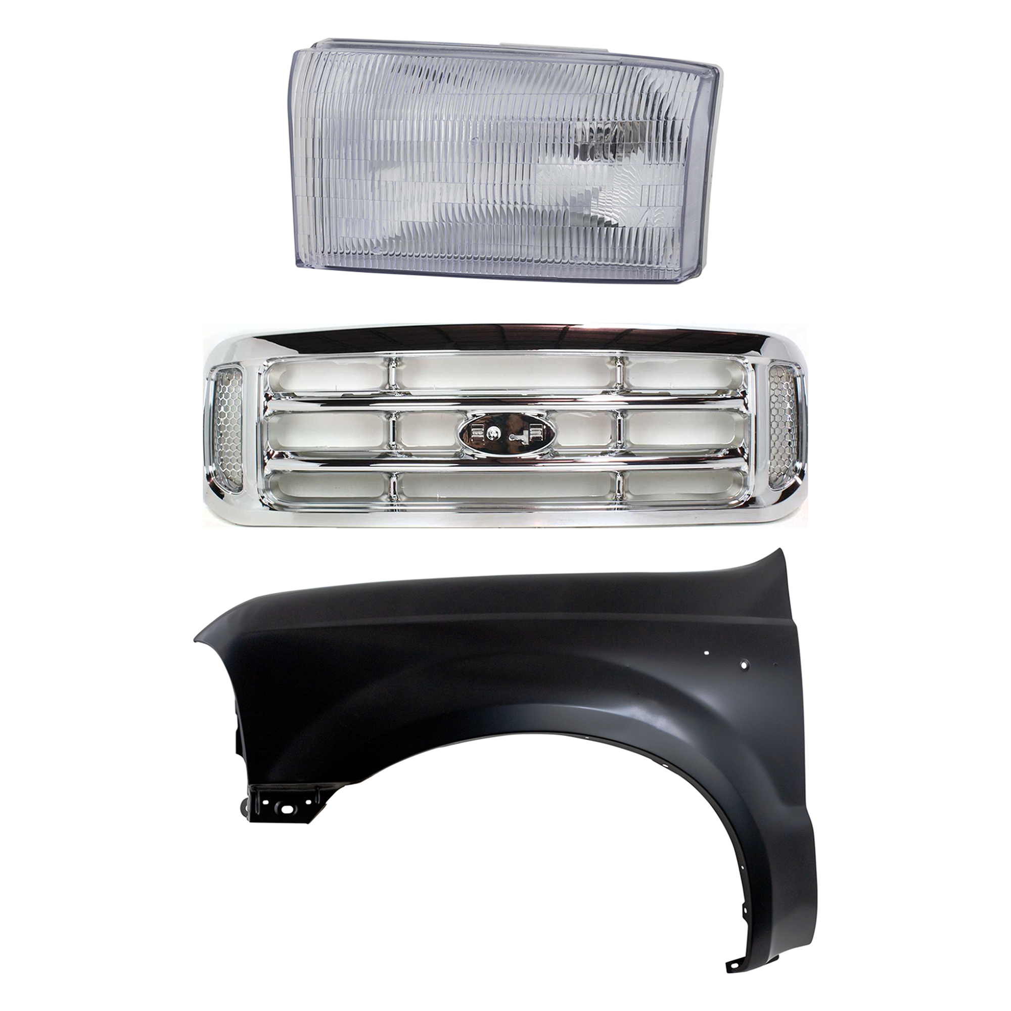 AM F 250 SUPER DUTY F 350 SUPER DUTY 99-01 GRILLE Chrome Shell and Insert 3 pc Kit with Fender and Headlight SKU KIT 022423-56802 Partslink FO1200417 FO1240208 FO2502147 OEM F81Z8200 F81Z16006AA 1C3Z13008
