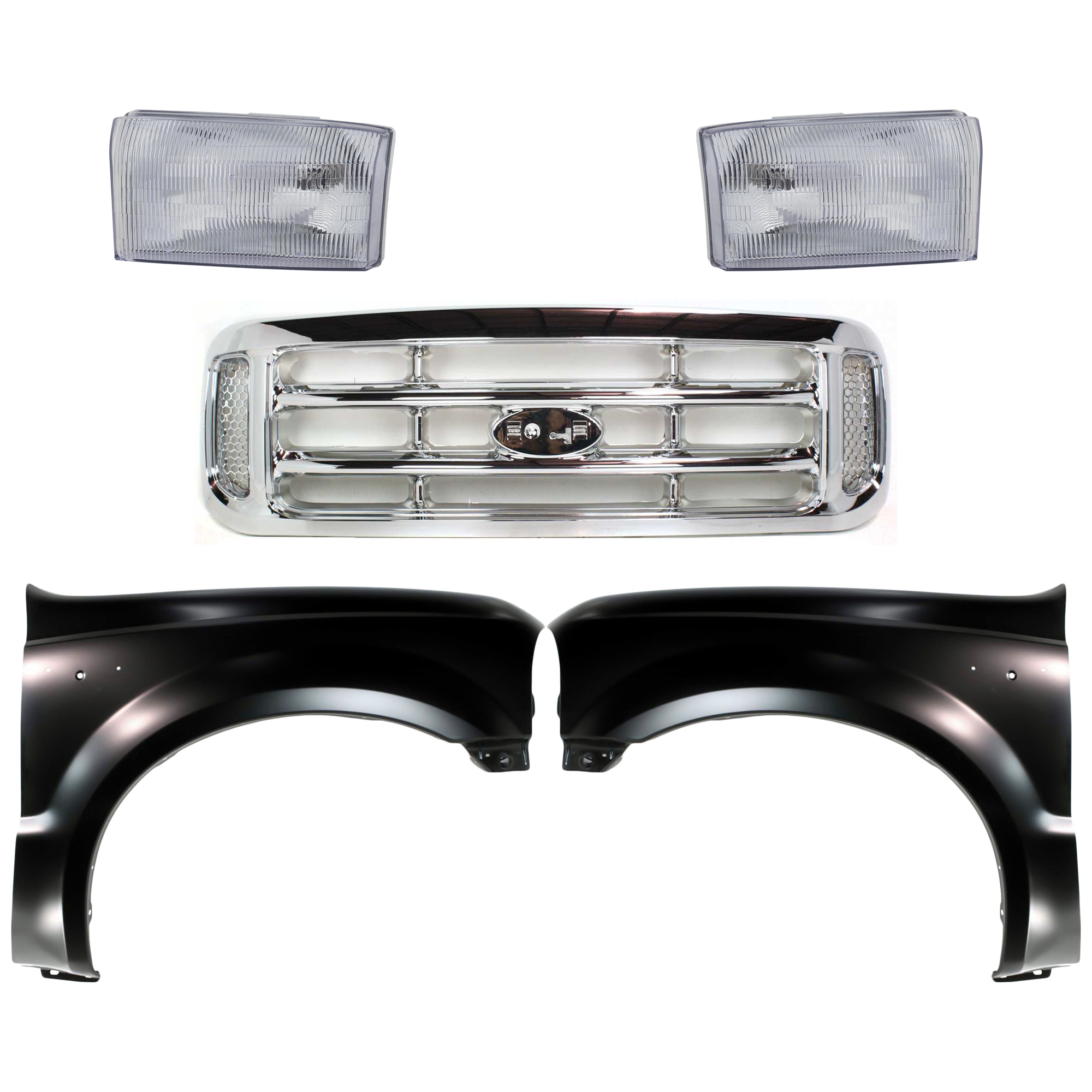 AM F 250 SUPER DUTY F 350 SUPER DUTY 99-01 GRILLE Chrome Shell and Insert 5 pc Kit with Fenders and Headlights SKU KIT 022423-568 Partslink FO1200417 FO1241208 FO1240208 FO2503147 FO2502147 OEM F81Z8200 F81Z16005AA F81Z16006