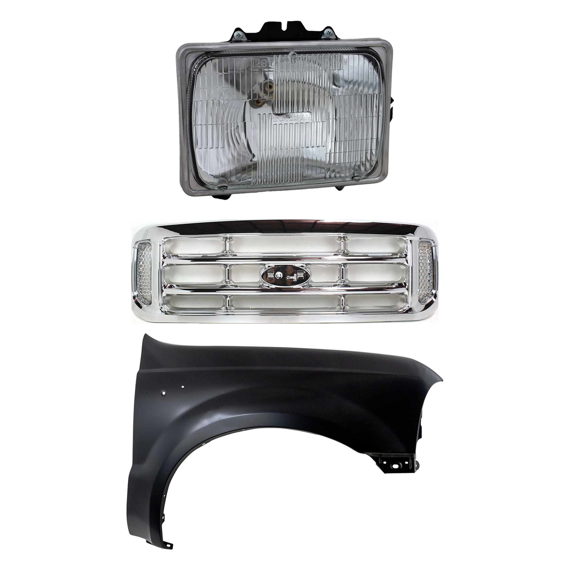AM F SERIES SUPER DUTY 99-04 GRILLE Chrome Shell and Insert 3 pc Kit with Fender and Headlight SKU KIT 022423-56901 Partslink FO1200417 FO1241208 FO2501126 OEM F81Z8200 F81Z16005AA F3UZ13007
