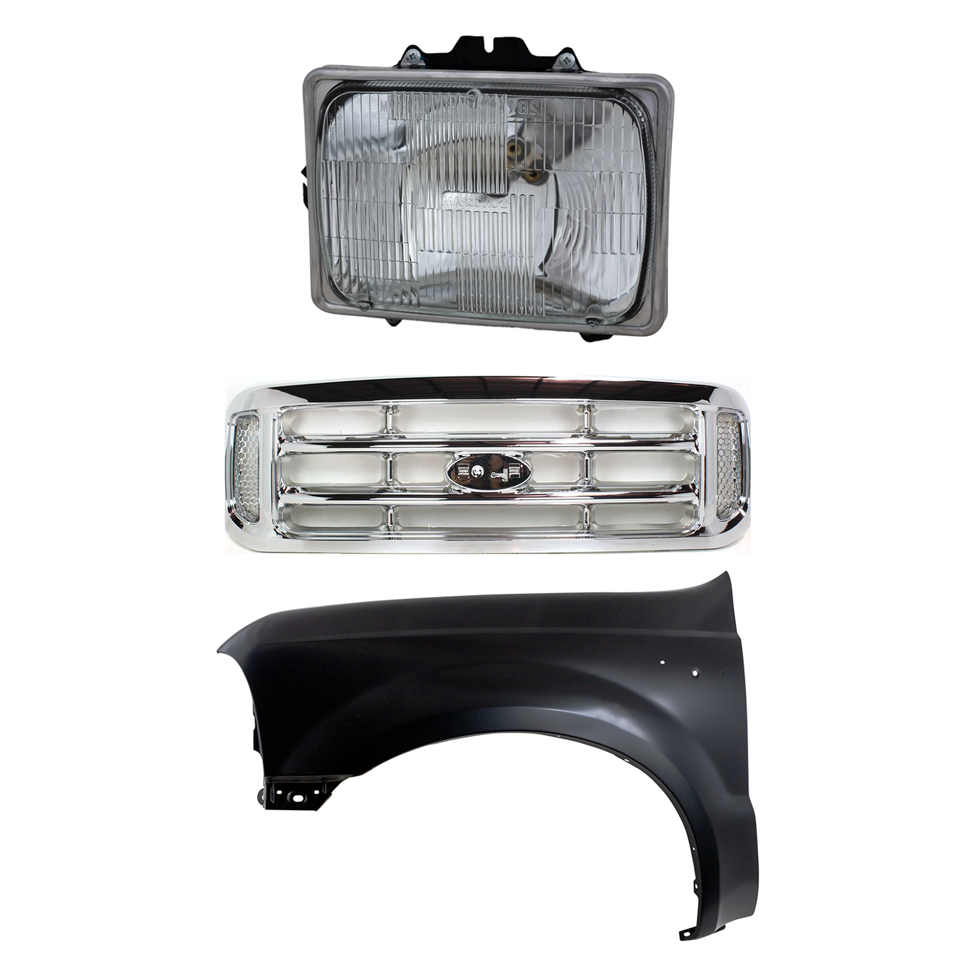 AM F SERIES SUPER DUTY 99-04 GRILLE Chrome Shell and Insert 3 pc Kit with Fender and Headlight SKU KIT 022423-56902 Partslink FO1200417 FO1240208 FO2500126 OEM F81Z8200 F81Z16006AA F3UZ13007