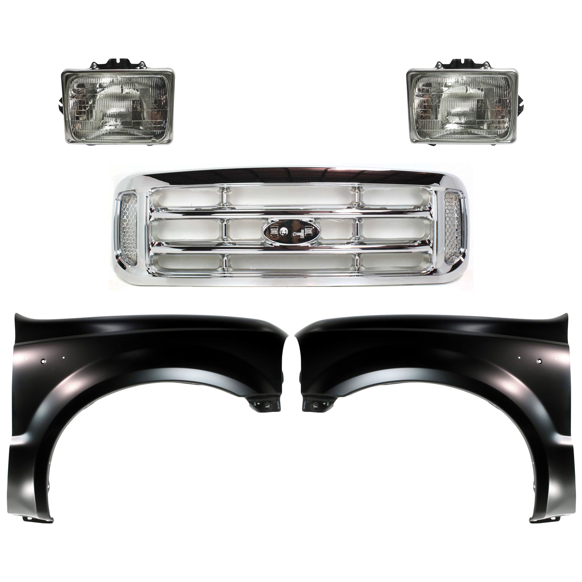 AM F 250 SUPER DUTY F 350 SUPER DUTY F 450 SUPER DUTY F 550 SUPER DUTY 99-04 GRILLE Chrome Shell and Insert 5 pc Kit with Fenders and Headlights SKU KIT 022423-569 Partslink FO1200417 FO1241208 FO1240208 FO2501126 FO2500126 OEM F81Z8200 F81Z16005AA F81Z16006