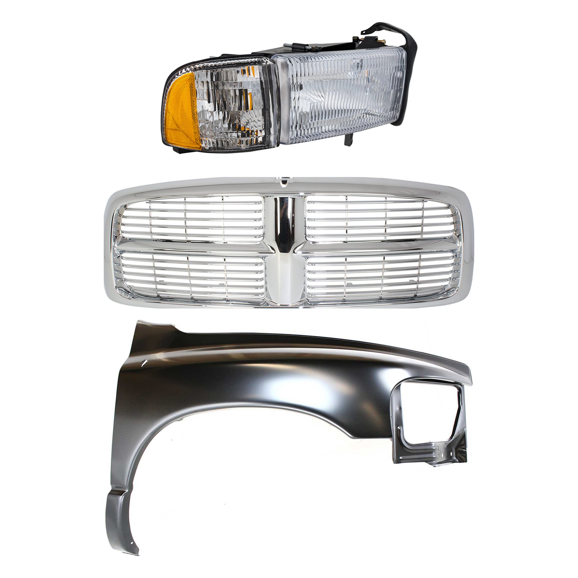 AM RAM 1500-02-02 GRILLE Chrome Shell and Insert 3 pc Kit with Fender and Headlight SKU KIT 022423-57601 Partslink CH1241232 CH2503101 OEM Performance 55276208AD 5527697