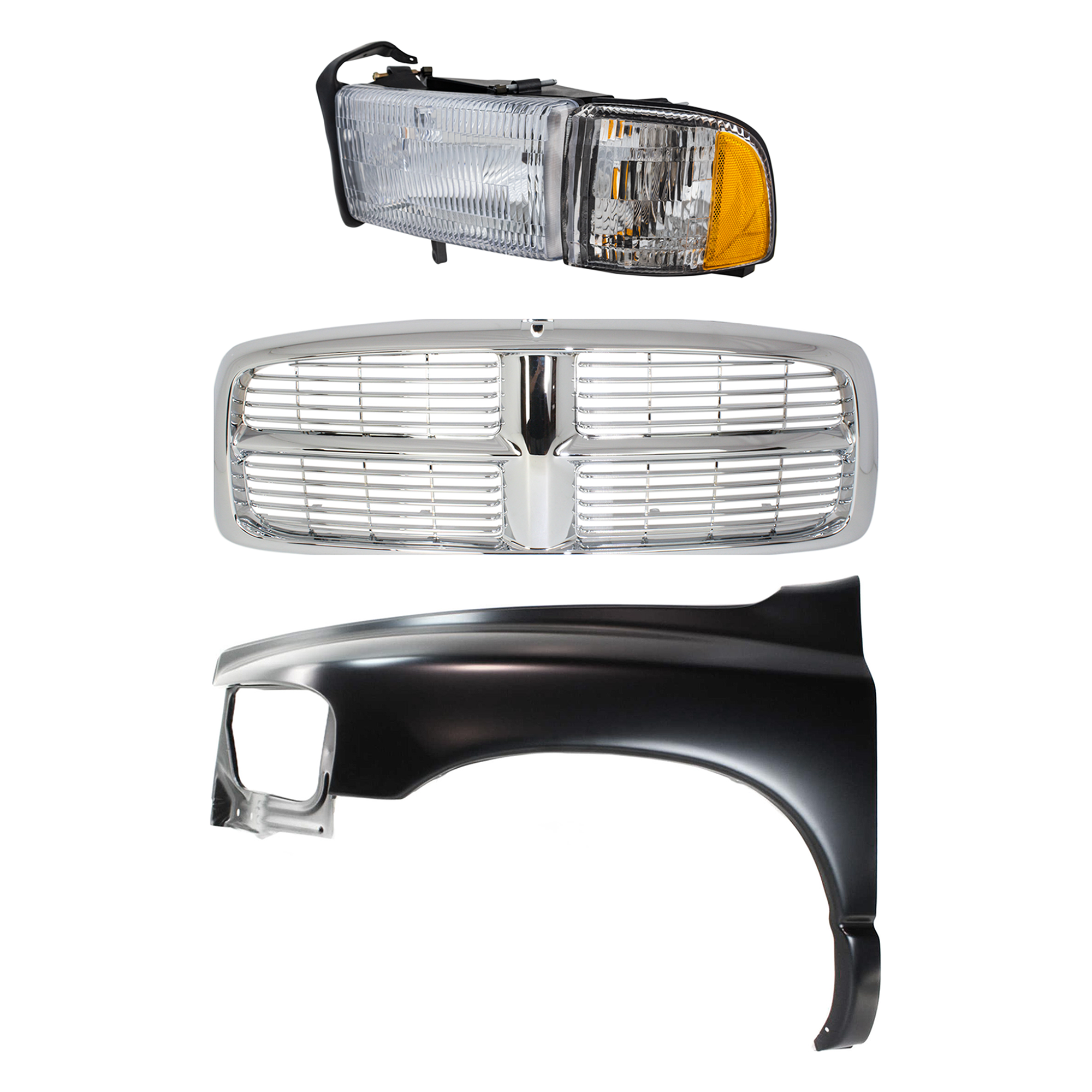 AM RAM 1500-02-02 FRONT FENDER LH Primed 3 pc Kit with Grille and Headlight SKU KIT 022423-57602 Partslink CH1240232 CH2502101 OEM 55276209AD 55276971AA Performa