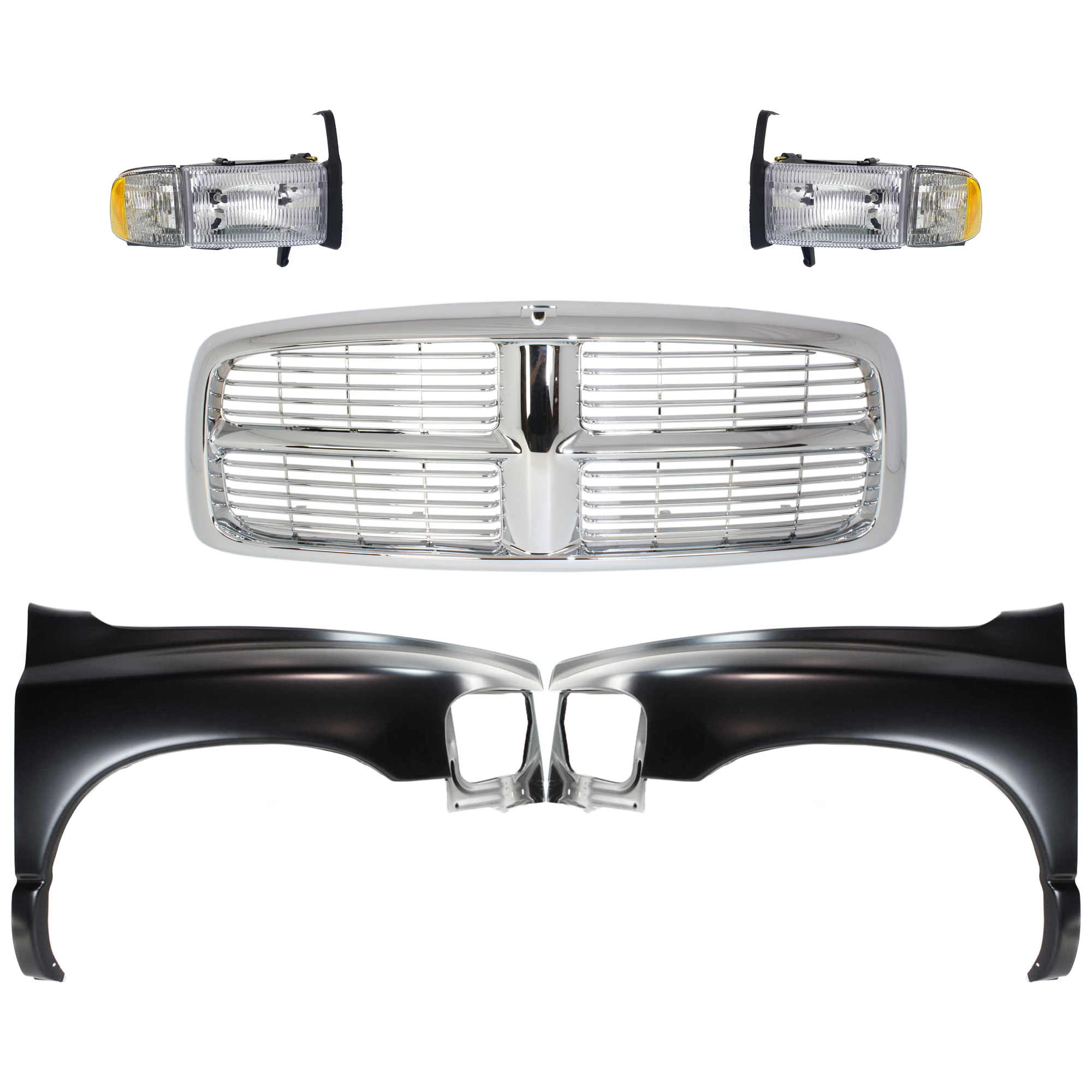 AM RAM 1500-02-02 FRONT FENDER RH AND LH Primed 5 pc Kit with Grille and Headlights SKU KIT 022423-576 Partslink CH1240232 CH1241232 CH2503101 CH2502101 OEM 55276208AD 55276970AA 55276209