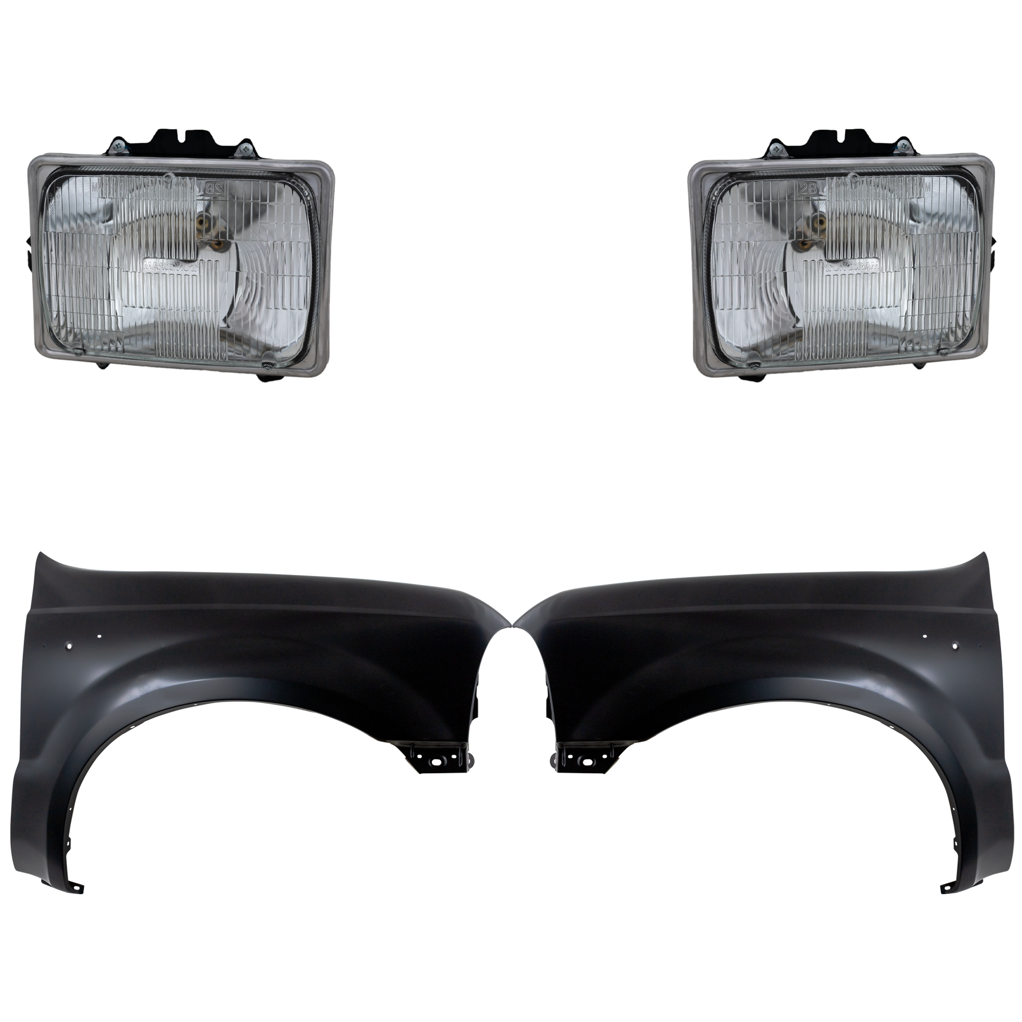 AM F 250 SUPER DUTY F 350 SUPER DUTY 99-04 FRONT FENDER RH AND LH Primed 4 pc Kit with Headlights SKU KIT 022423-57903 Partslink FO1240208C FO1241208C FO2500126 FO2501126 OEM F3UZ13007A 6C2Z13015A E99Z1311