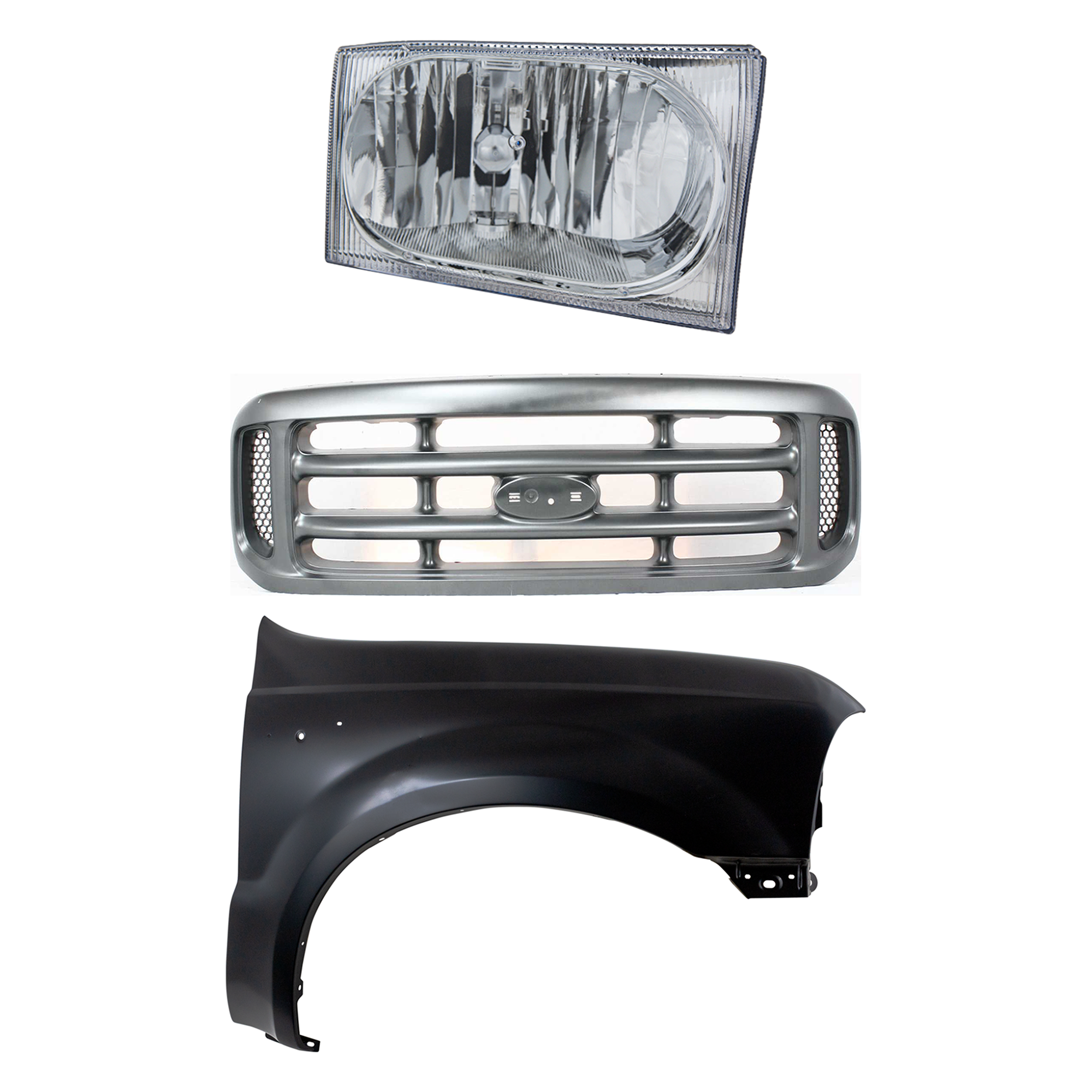 AM F SERIES SUPER DUTY PICKUP 02-04 GRILLE Painted Silver 3 pc Kit with Fender and Headlight SKU KIT 022423-58101 Partslink FO1200362 FO1241208 FO2503183 OEM YC3Z8200AAA F81Z16005AA 2C3Z13