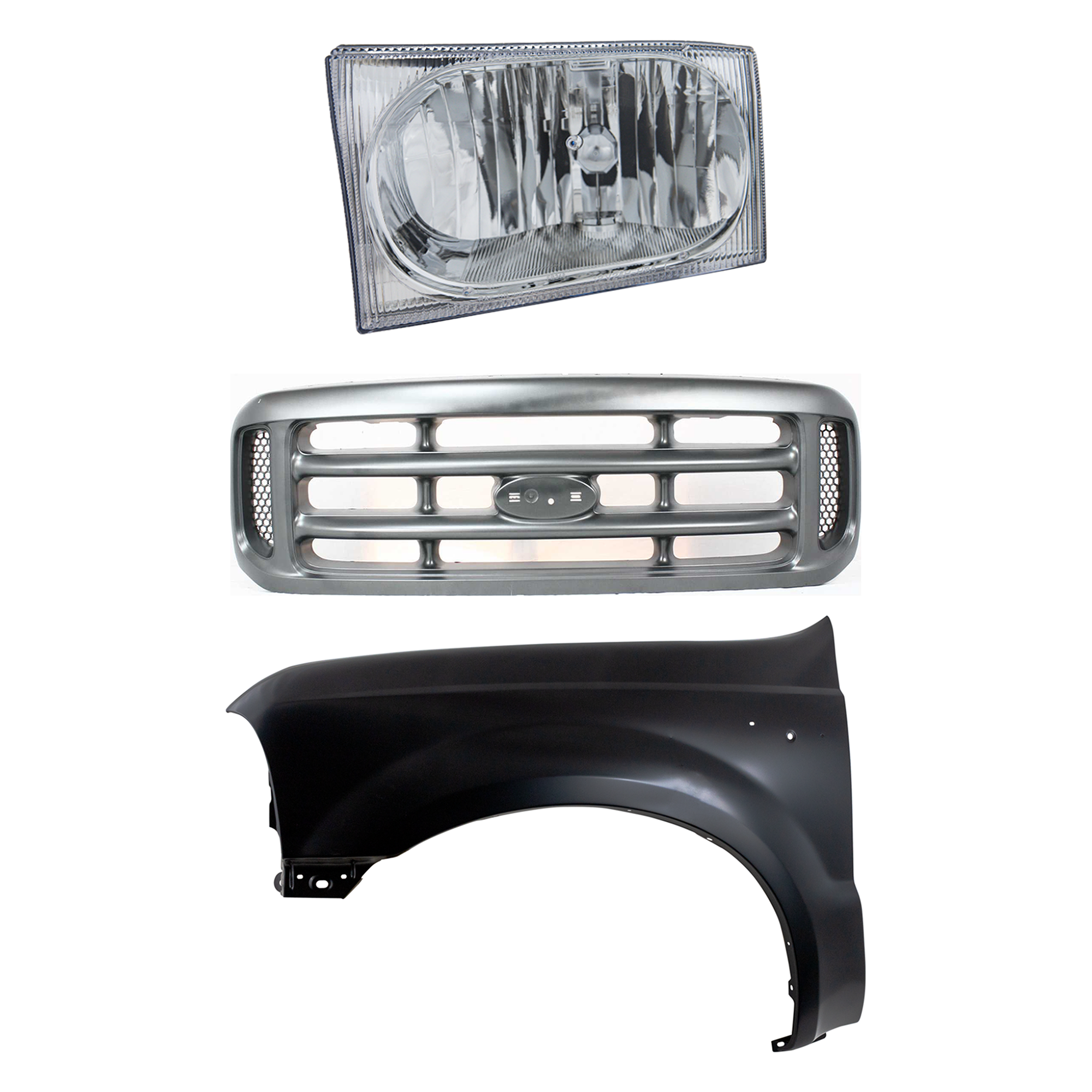 AM F SERIES SUPER DUTY PICKUP 02-04 GRILLE Painted Silver 3 pc Kit with Fender and Headlight SKU KIT 022423-58102 Partslink FO1200362 FO1240208 FO2502183 OEM YC3Z8200AAA F81Z16006AA 2C3Z13