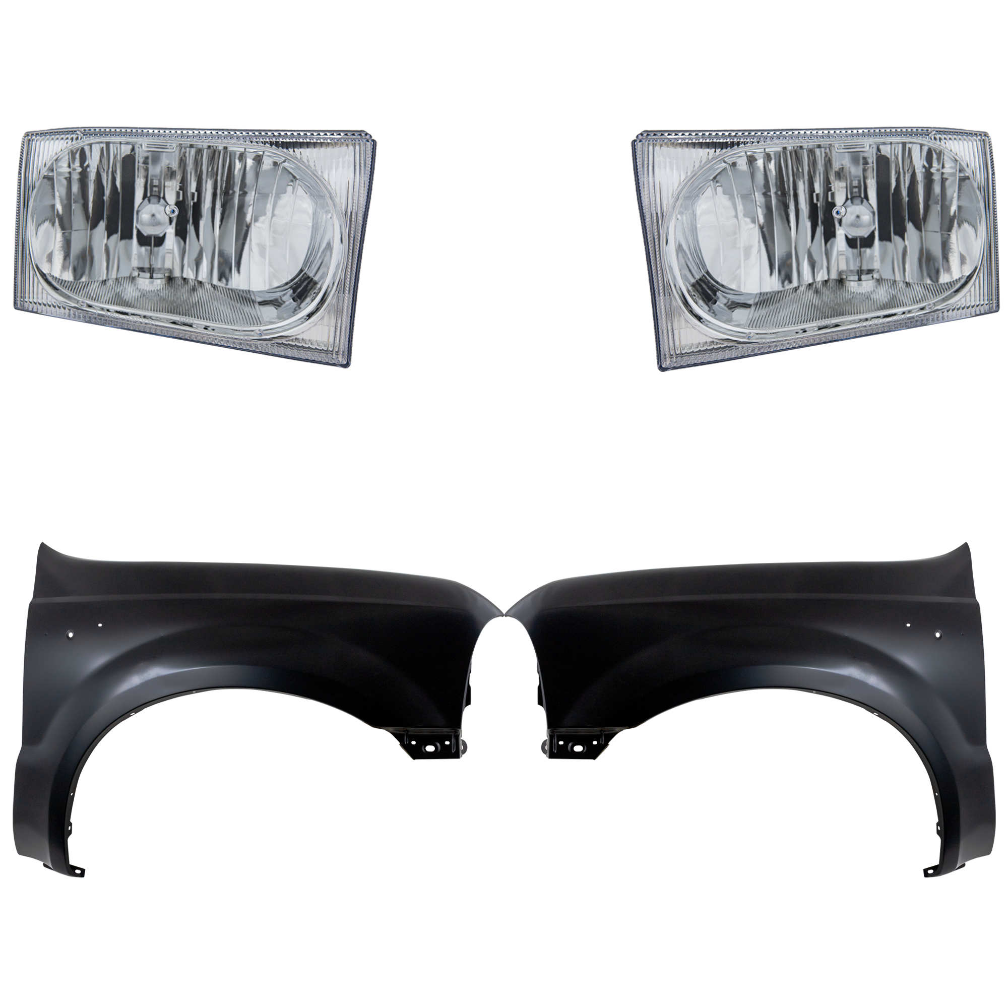 AM EXCURSION 01-04 F SERIES SUPER DUTY 02-05 FRONT FENDER RH AND LH Primed 4 pc Kit with Headlights SKU KIT 022423-58103 Partslink FO1241208 FO1240208 FO2503183 FO2502183 OEM F81Z16005AA F81Z16006AA 2C3Z13