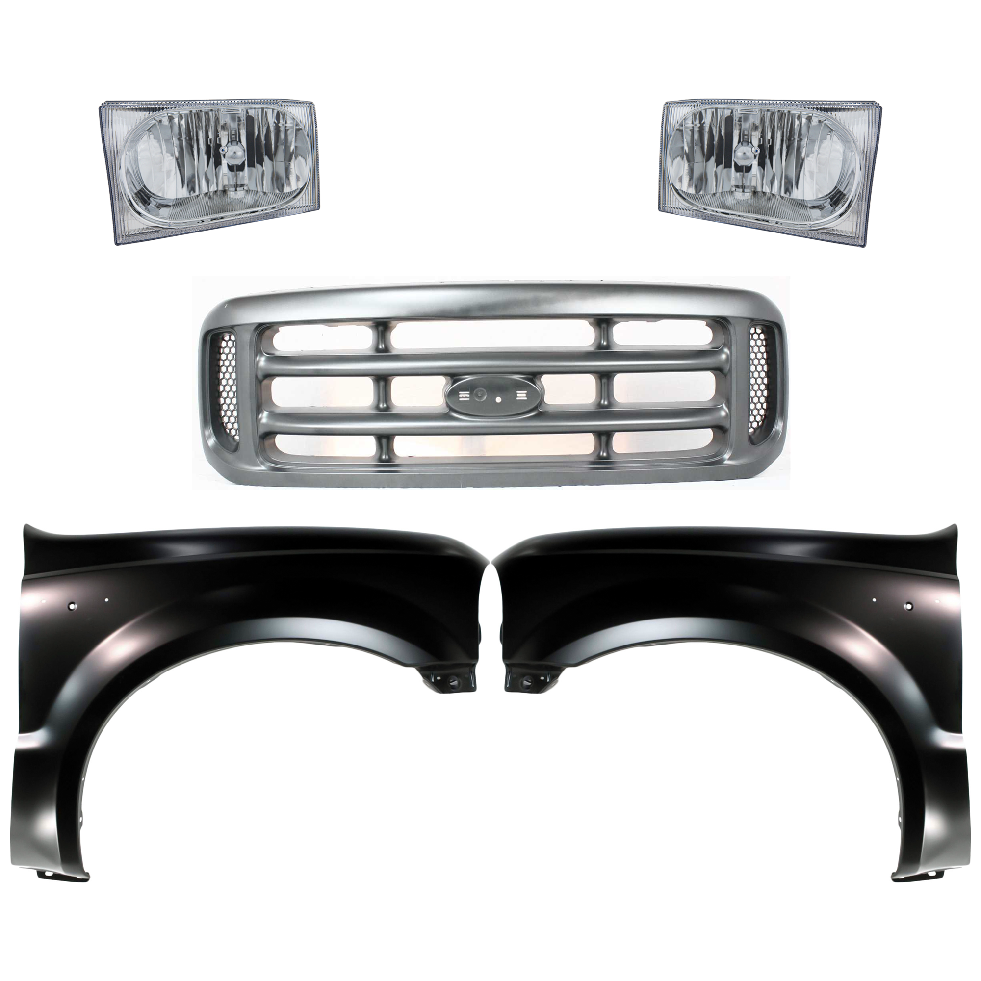AM F SERIES SUPER DUTY PICKUP 02-04 GRILLE Painted Silver 5 pc Kit with Fenders and Headlights SKU KIT 022423-581 Partslink FO1200362 FO1241208 FO1240208 FO2502183 FO2503183 OEM YC3Z8200AAA F81Z16005AA F81Z16